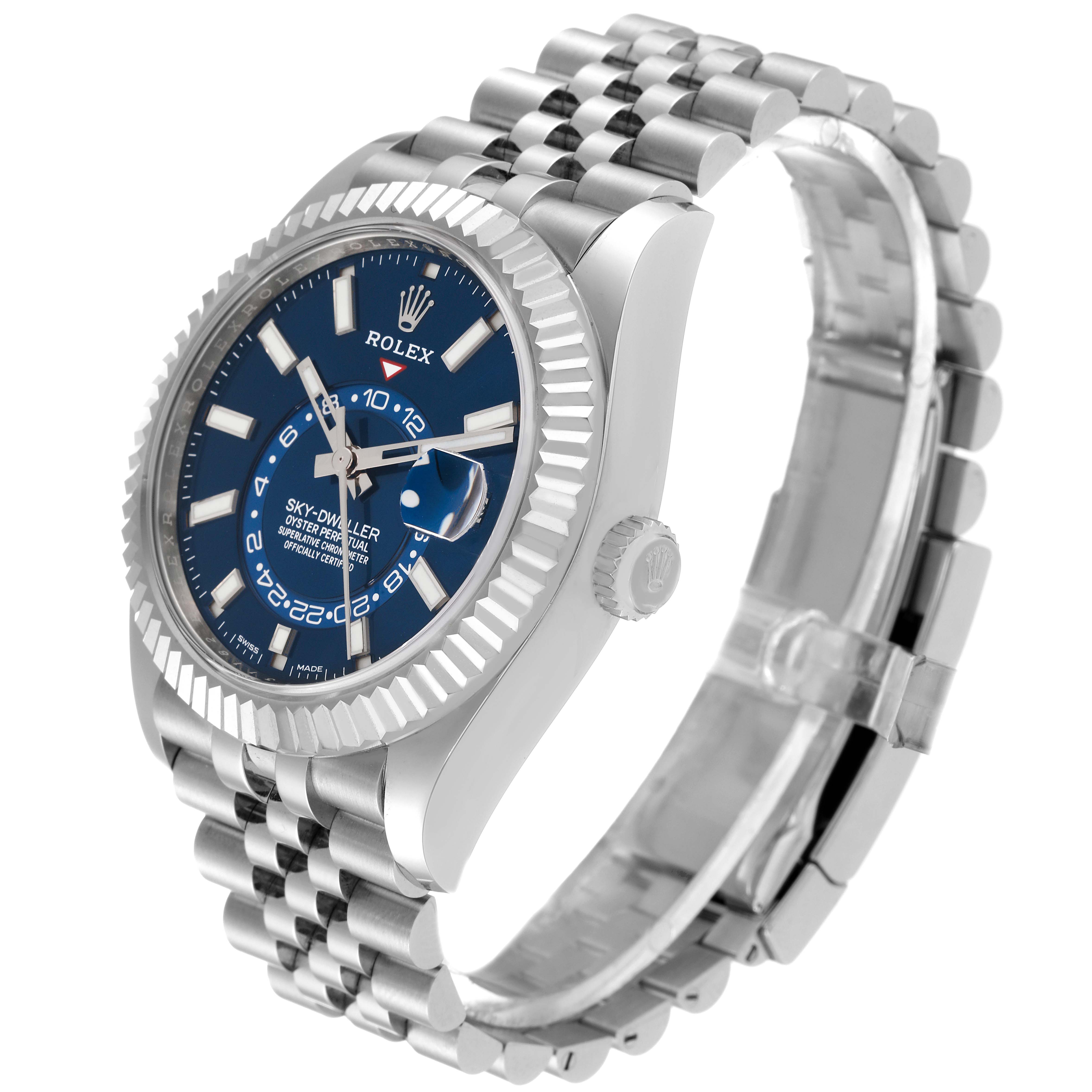 The image shows a Rolex Sky-Dweller 326934 Men's Stainless Steel Blue Dial 326934 Men's Stainless Steel Blue Dial watch at a slightly angled side view, highlighting its blue dial and metal bracelet.