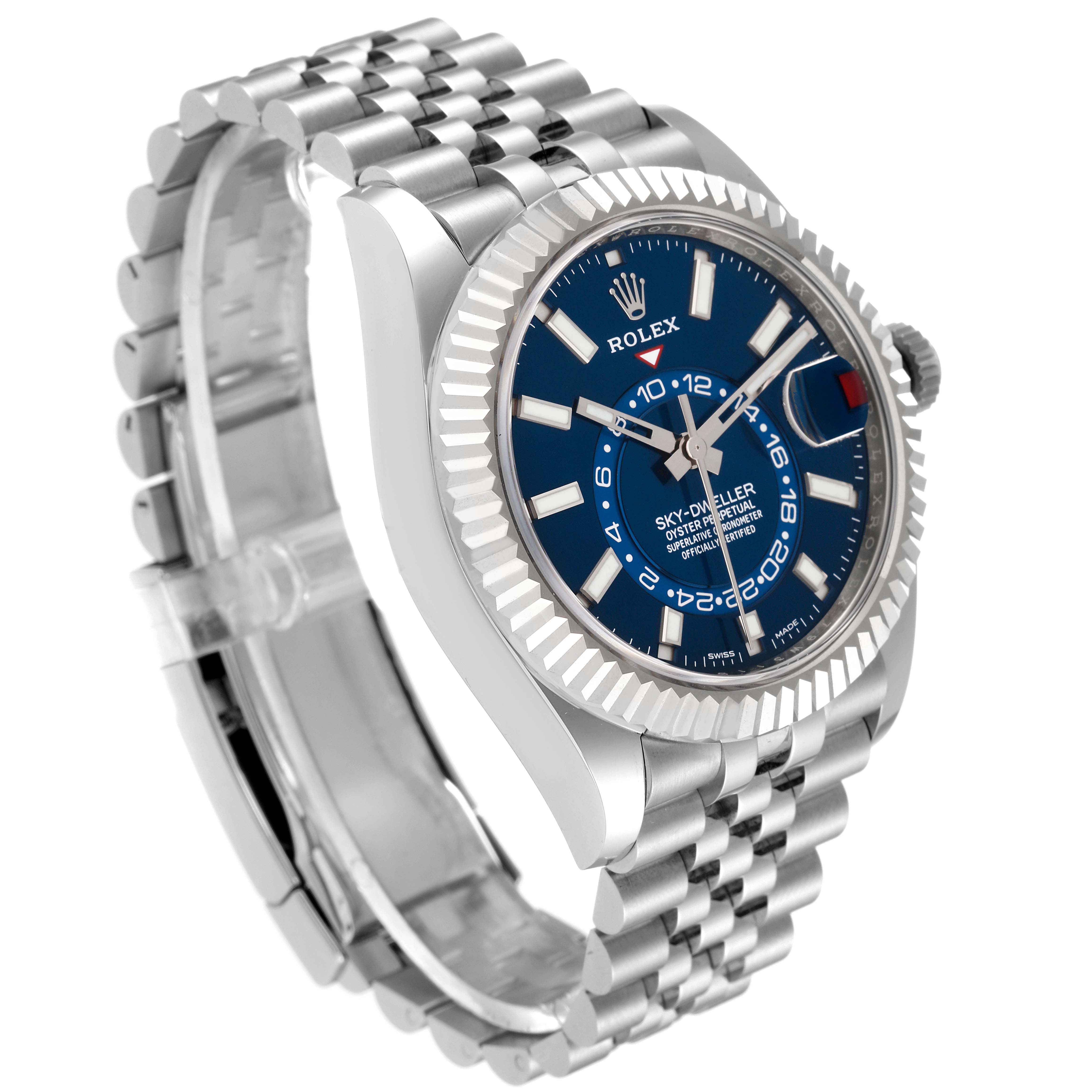 The image shows a side angle of a Rolex Sky-Dweller 326934 Men's Stainless Steel Blue Dial 326934 Men's Stainless Steel Blue Dial watch, featuring its bracelet and blue dial face.