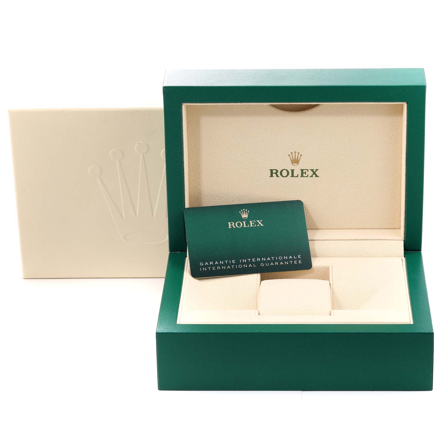 This image shows the open box and international guarantee card for the Rolex Sky-Dweller 326934 Men's Stainless Steel Blue Dial 326934 Men's Stainless Steel Blue Dial model.