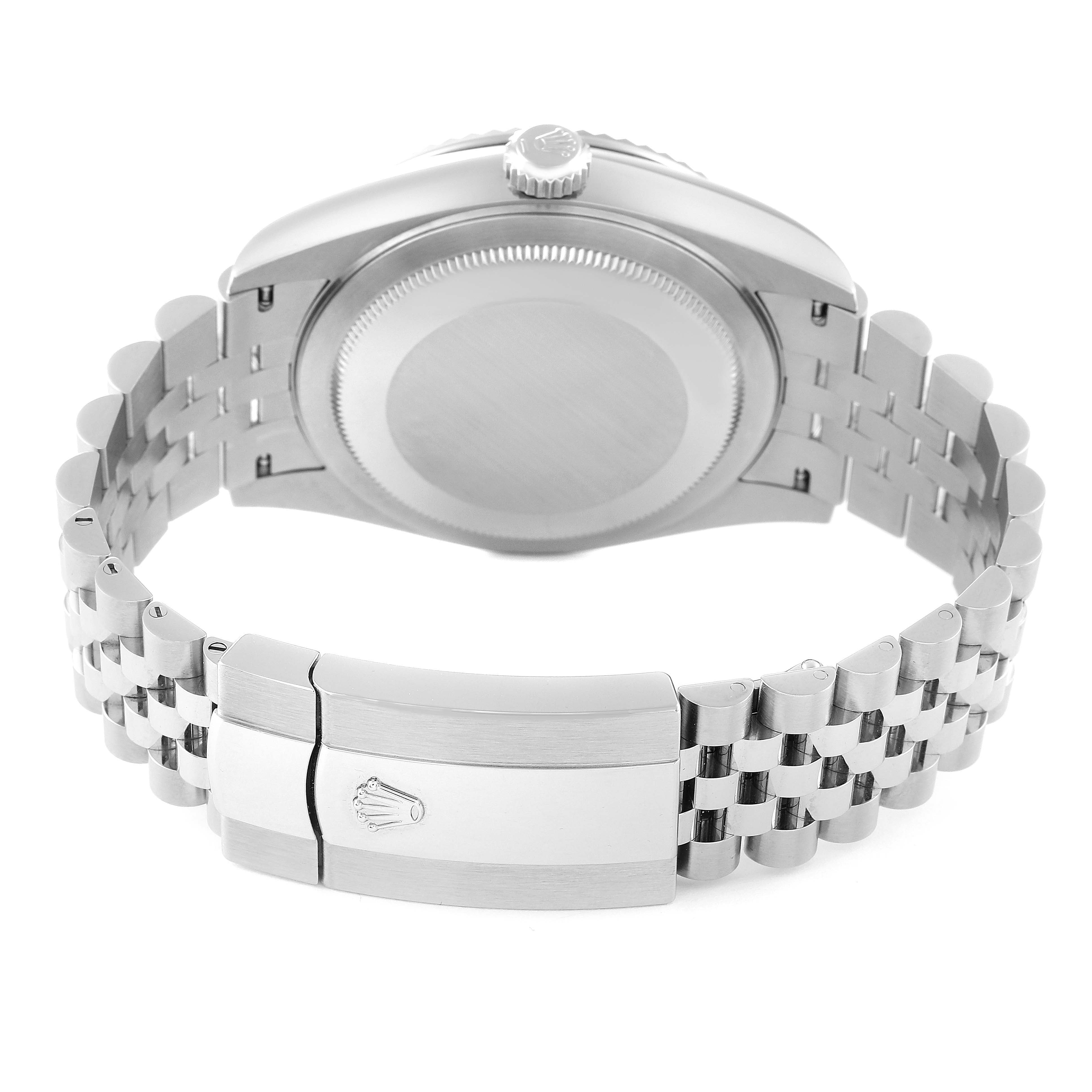 This image shows the back view of a Rolex Sky-Dweller 326934 Men's Stainless Steel Blue Dial 326934 Men's Stainless Steel Blue Dial, detailing the case back, crown, and bracelet with clasp.