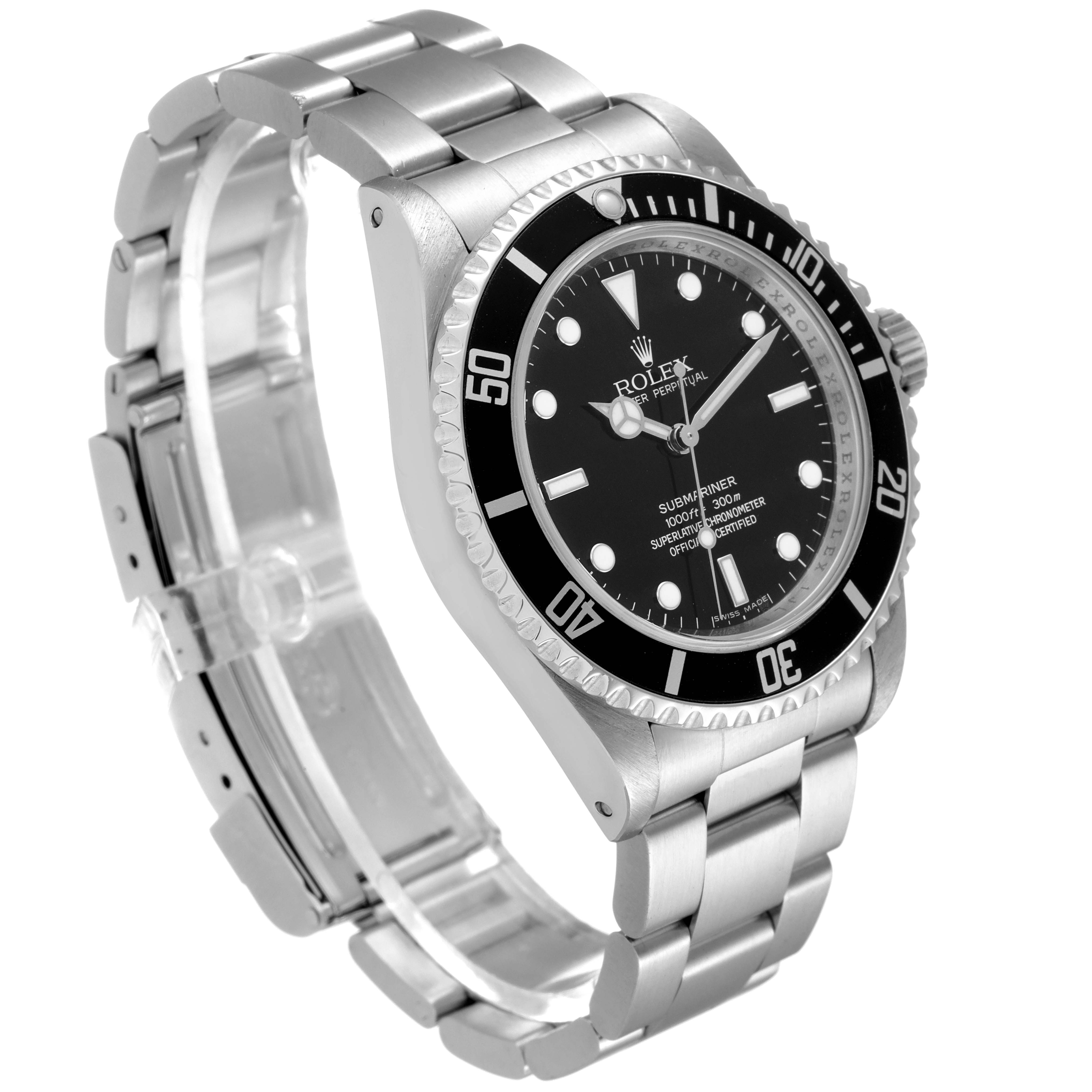 The image shows a side angle of a Rolex Submariner 14060 Men's Stainless Steel Black Dial 14060 Men's Stainless Steel Black Dial watch, highlighting the dial, bezel, crown, and bracelet.
