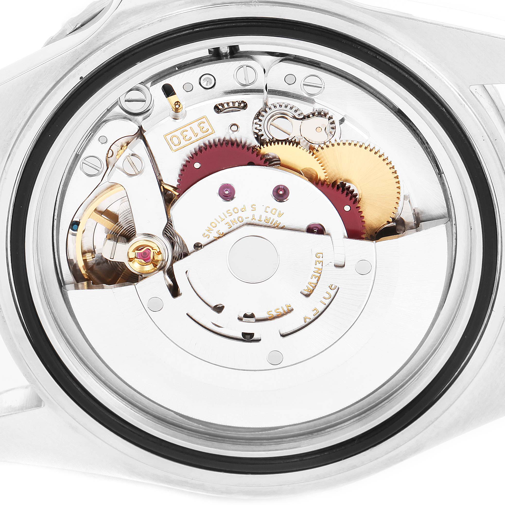 This image shows a detailed view of the movement and internal mechanism of a Rolex Submariner 14060 Men's Stainless Steel Black Dial 14060 Men's Stainless Steel Black Dial watch.