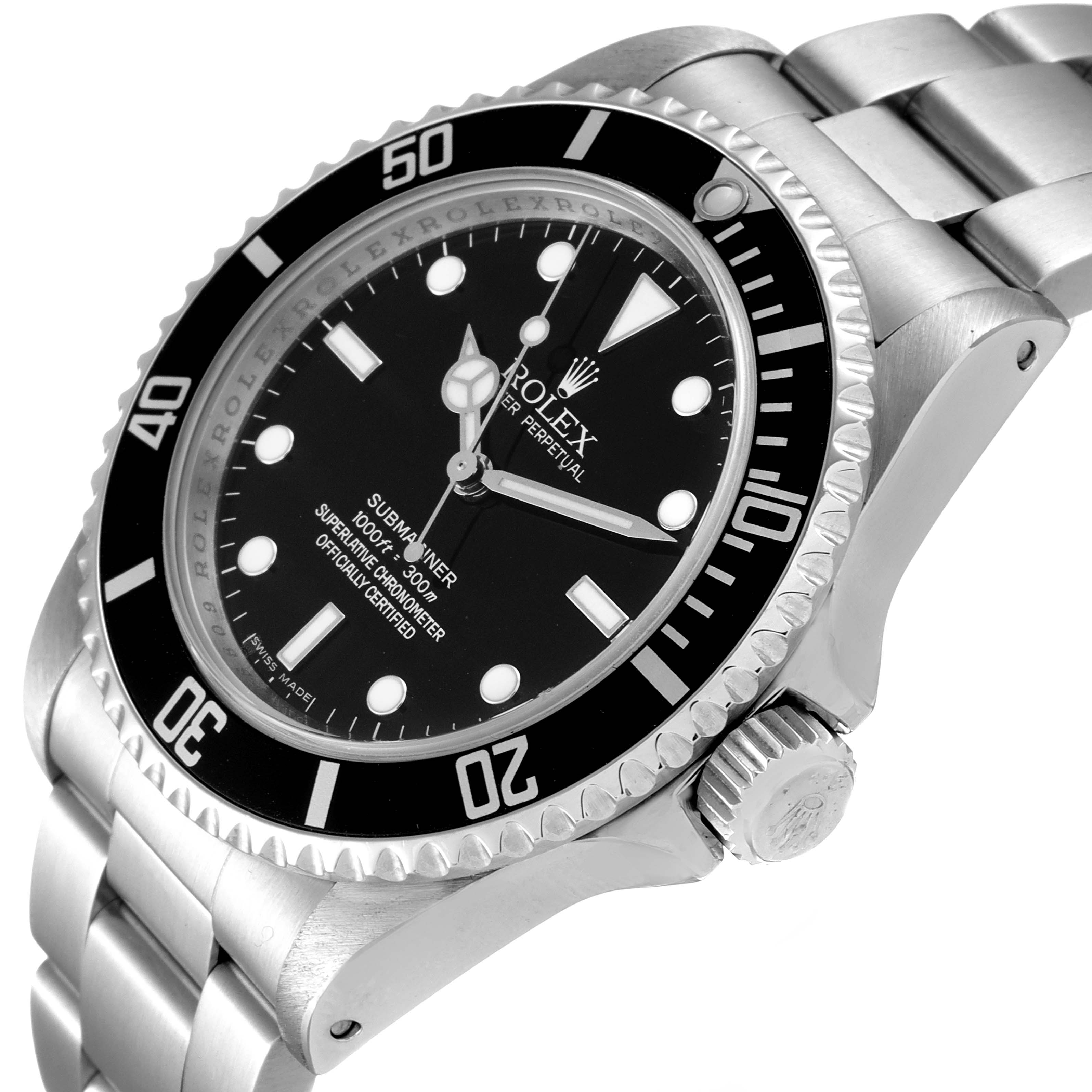 The image shows a Rolex Submariner 14060 Men's Stainless Steel Black Dial 14060 Men's Stainless Steel Black Dial watch at an angled view, highlighting the dial, bezel, crown, and part of the bracelet.