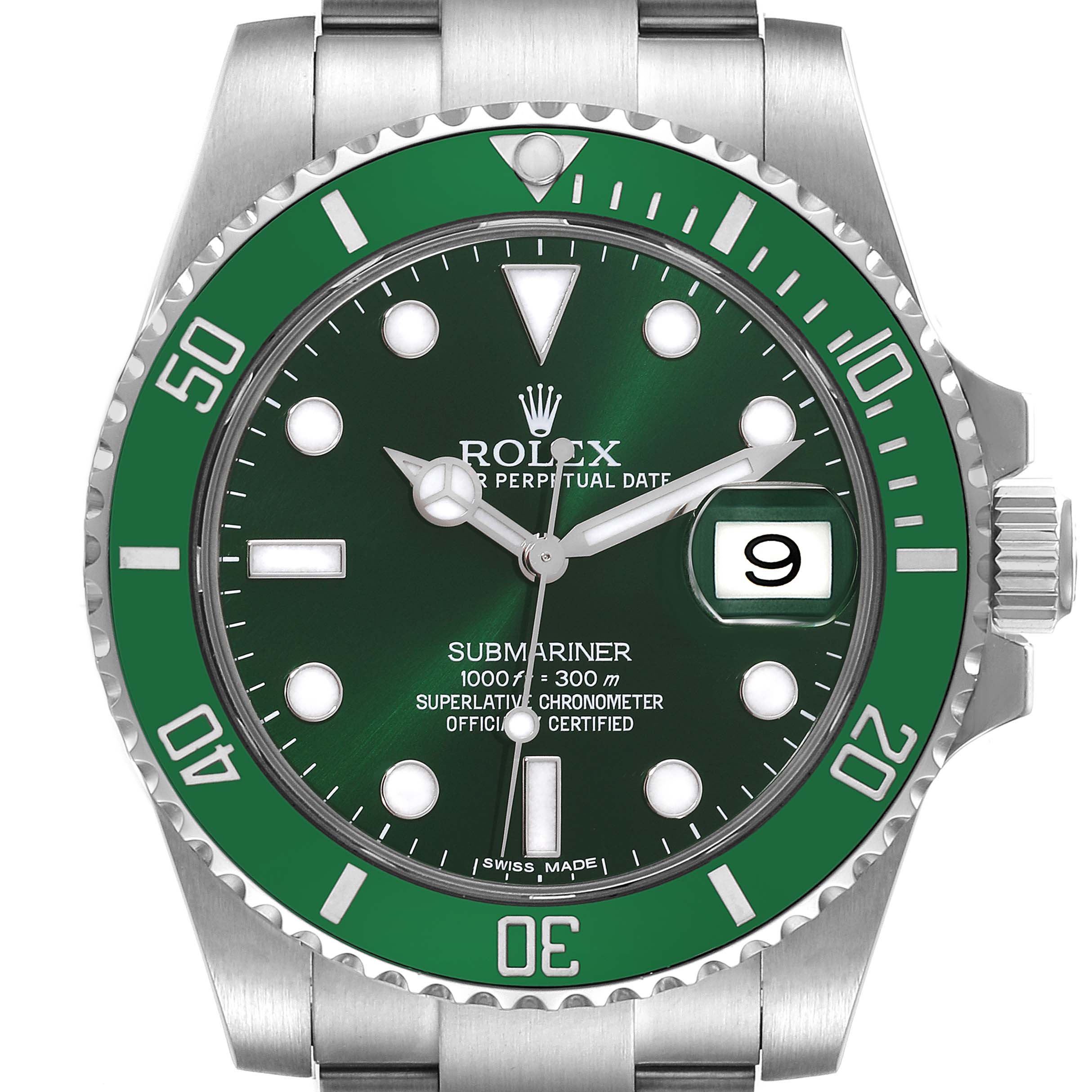 The image shows a front view of the Rolex Submariner 116610LV Men
s Stainless Steel Green Dial 116610LV Men
s Stainless Steel Green Dial watch, highlighting the dial, bezel, hands, and date window.