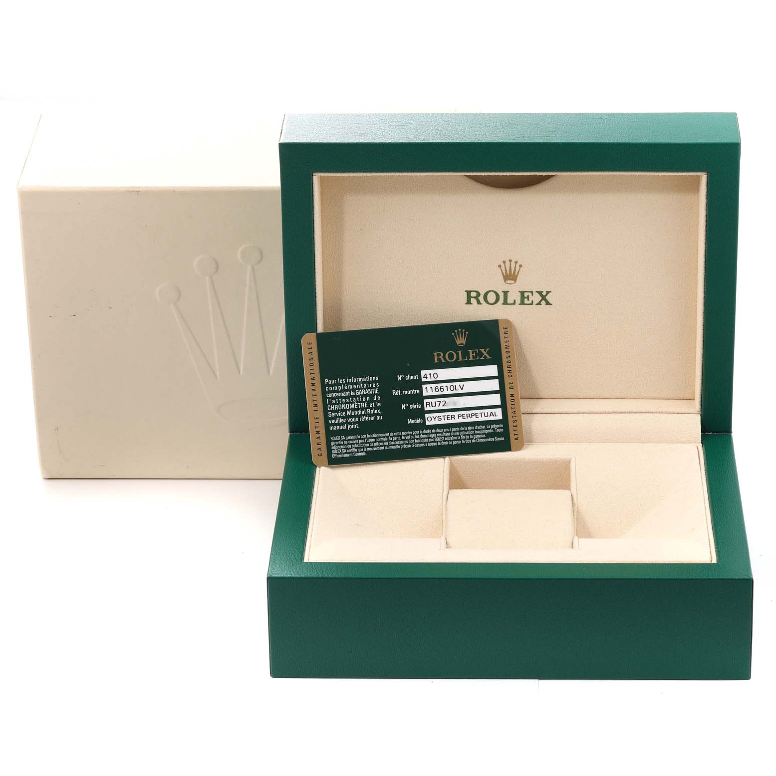 The image shows the open box of a Rolex Submariner 116610LV Men
s Stainless Steel Green Dial 116610LV Men
s Stainless Steel Green Dial watch with the warranty card displayed inside.