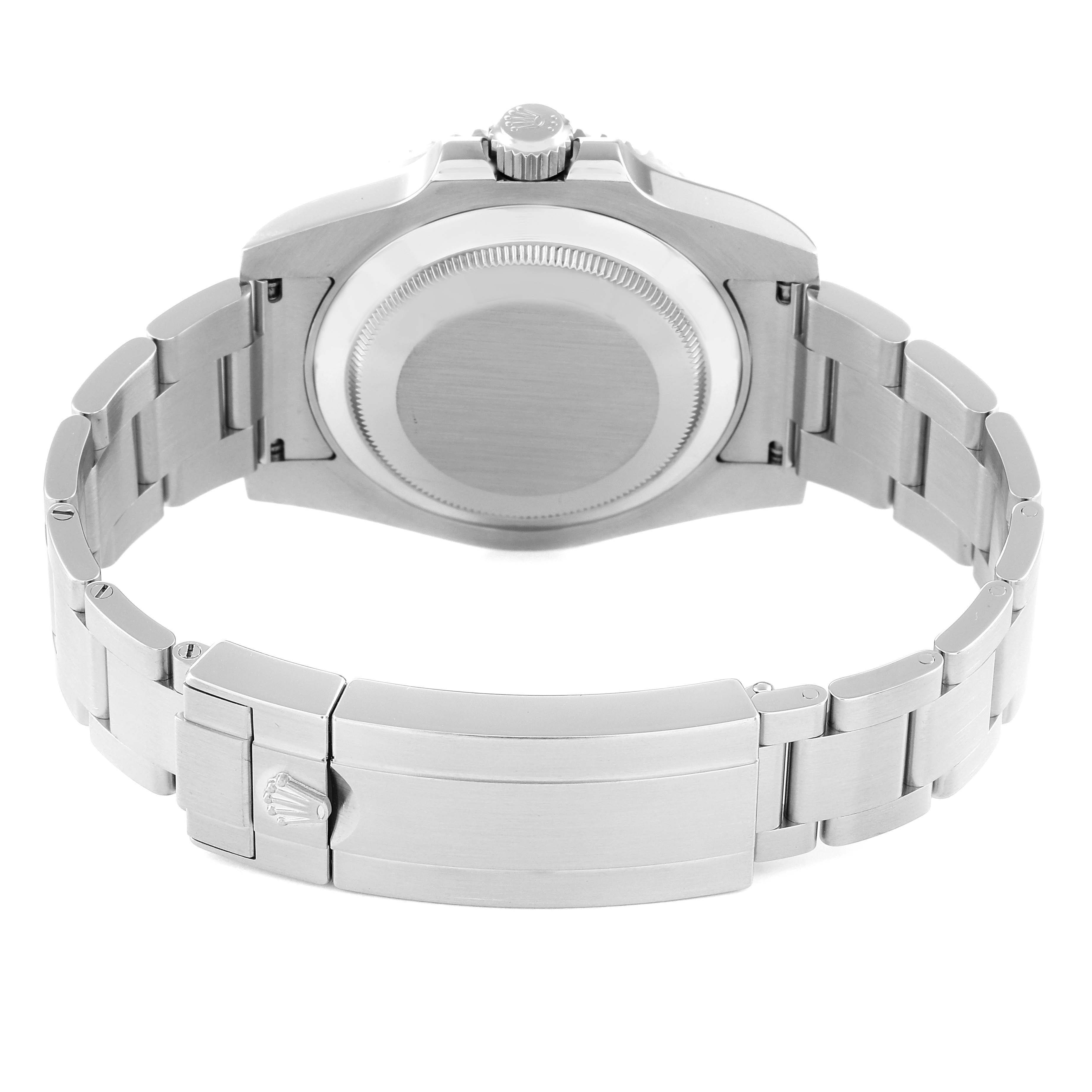 The image shows the back view of a Rolex Submariner 116610LV Men
s Stainless Steel Green Dial 116610LV Men
s Stainless Steel Green Dial watch, highlighting the case back, crown, and bracelet with clasp.