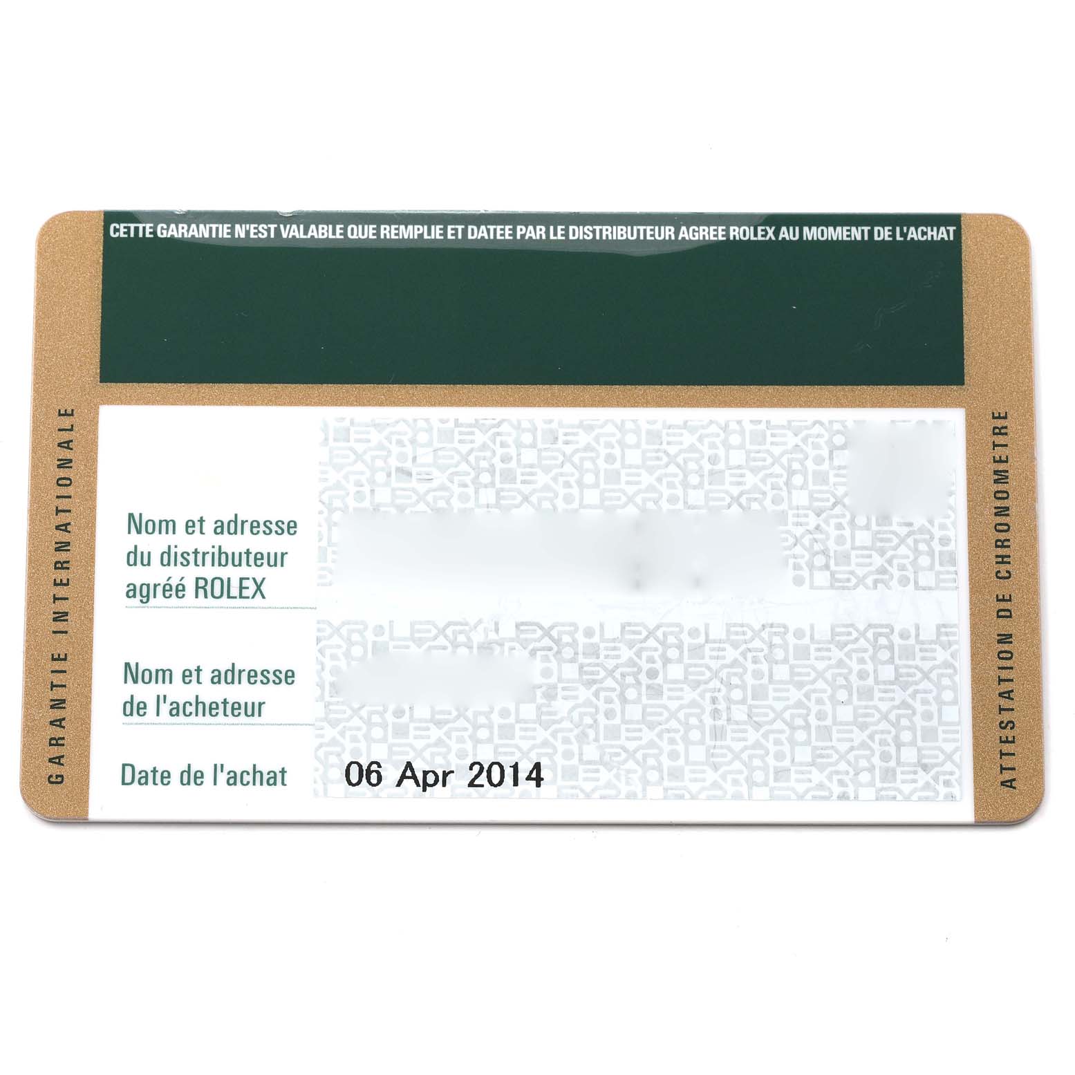 This is an international warranty card for a Rolex Submariner 116610LV Men
s Stainless Steel Green Dial 116610LV Men
s Stainless Steel Green Dial watch, showing distributor and purchase information.