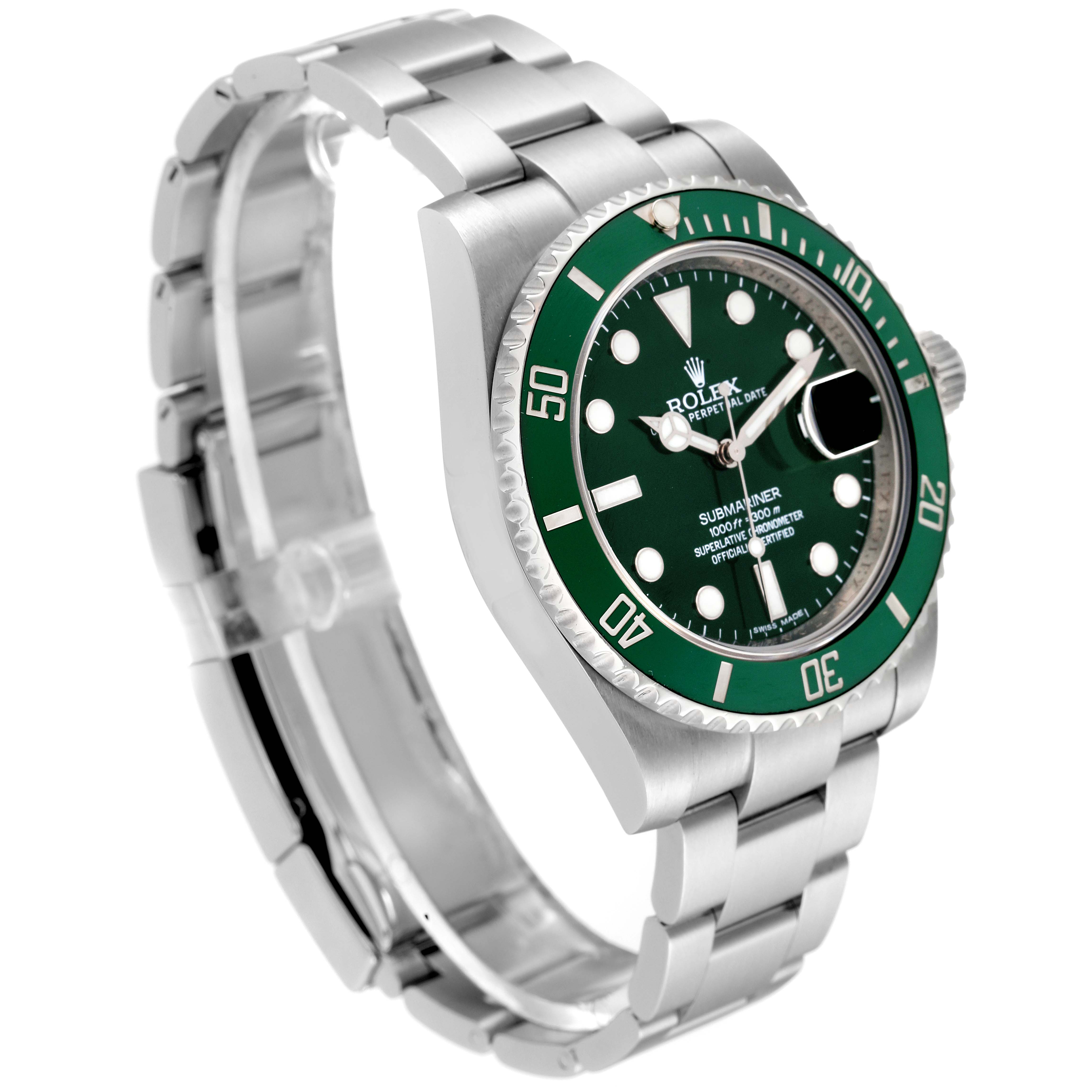 This image shows a Rolex Submariner 116610LV Men
s Stainless Steel Green Dial 116610LV Men
s Stainless Steel Green Dial watch at a slight side angle, highlighting the green bezel, dial, and bracelet.