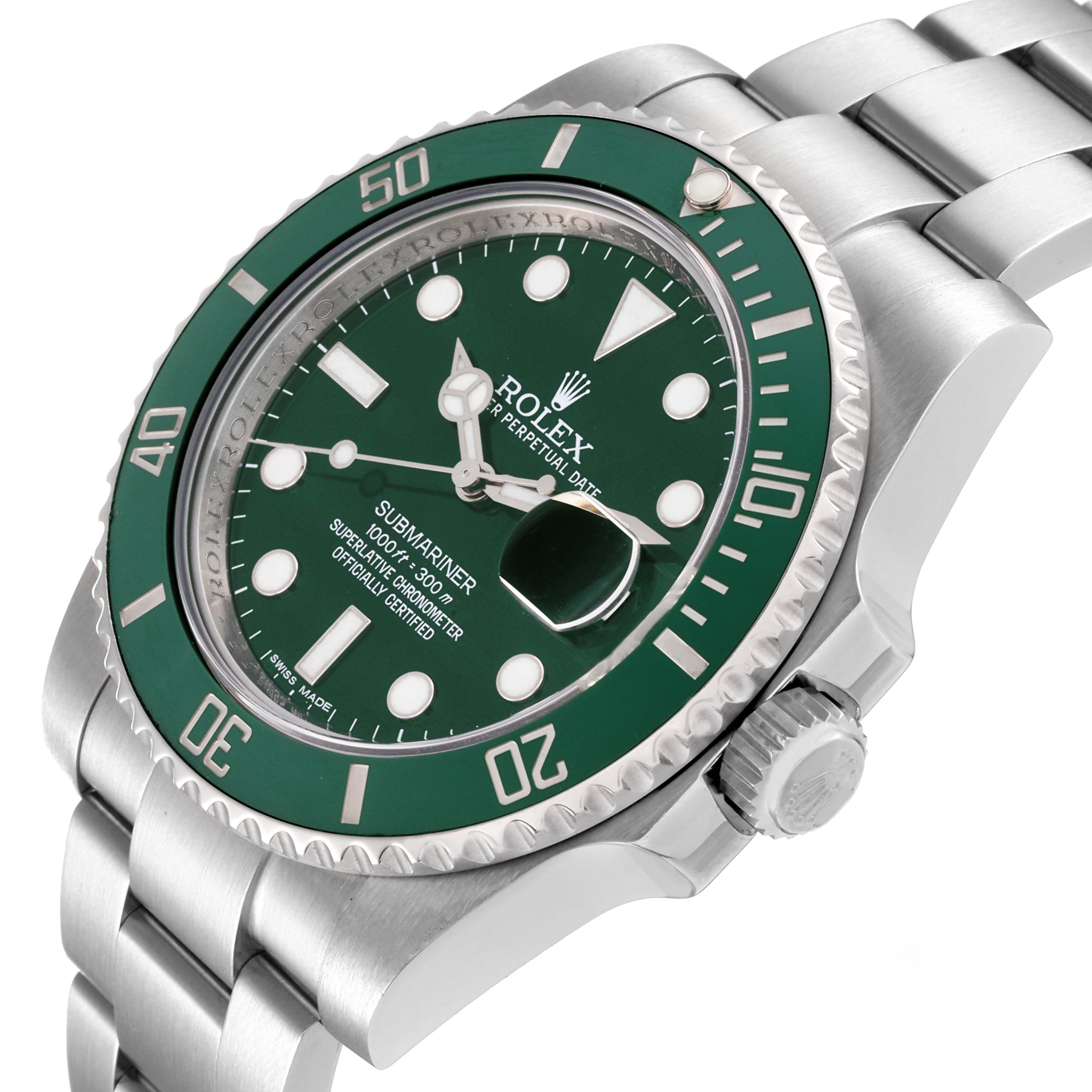The image shows a close-up angle of a Rolex Submariner 116610LV Men
s Stainless Steel Green Dial 116610LV Men
s Stainless Steel Green Dial, featuring the green bezel, dial, and part of the bracelet.