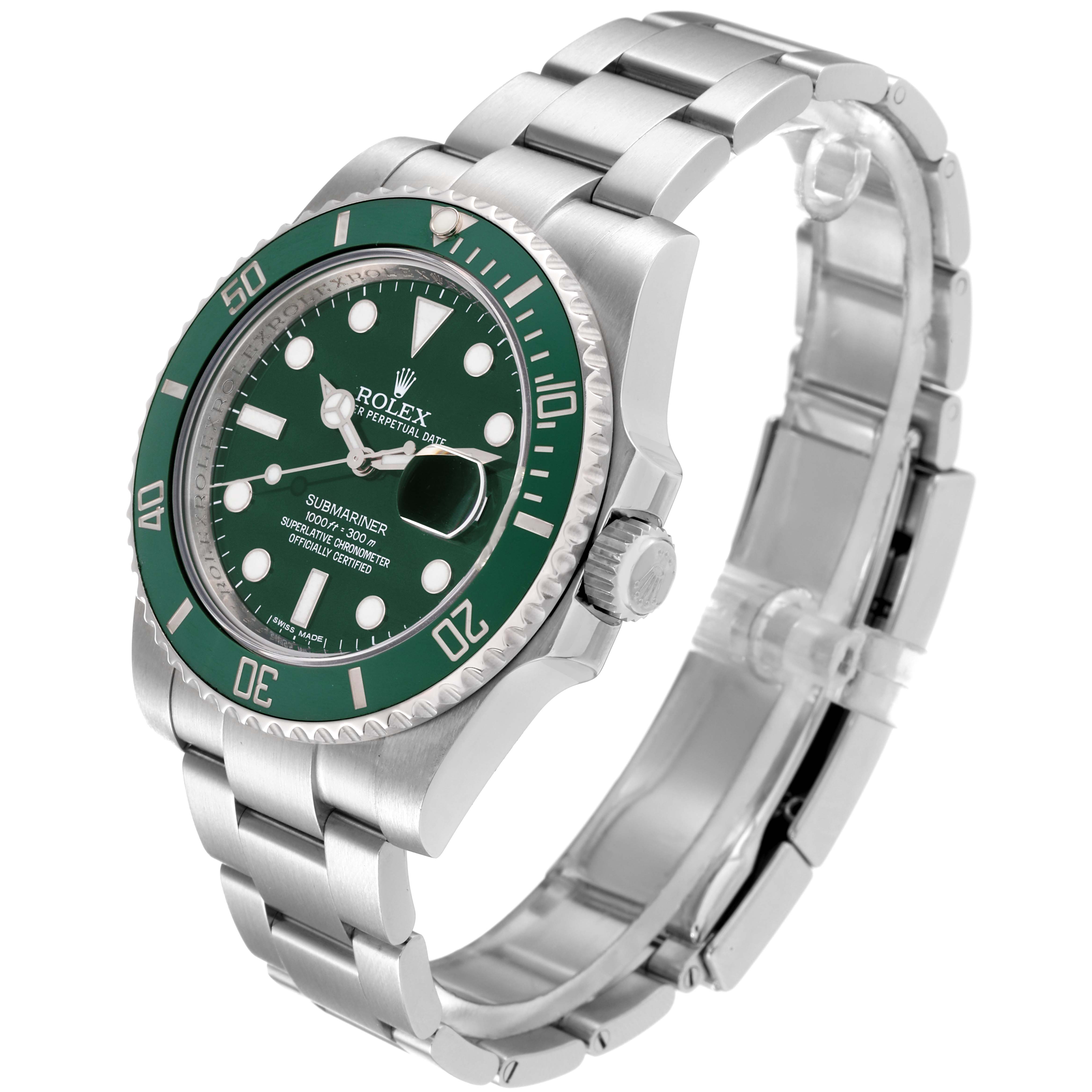 The image shows a side-angle view of a Rolex Submariner 116610LV Men
s Stainless Steel Green Dial 116610LV Men
s Stainless Steel Green Dial watch, highlighting its green dial, bezel, and stainless steel bracelet.
