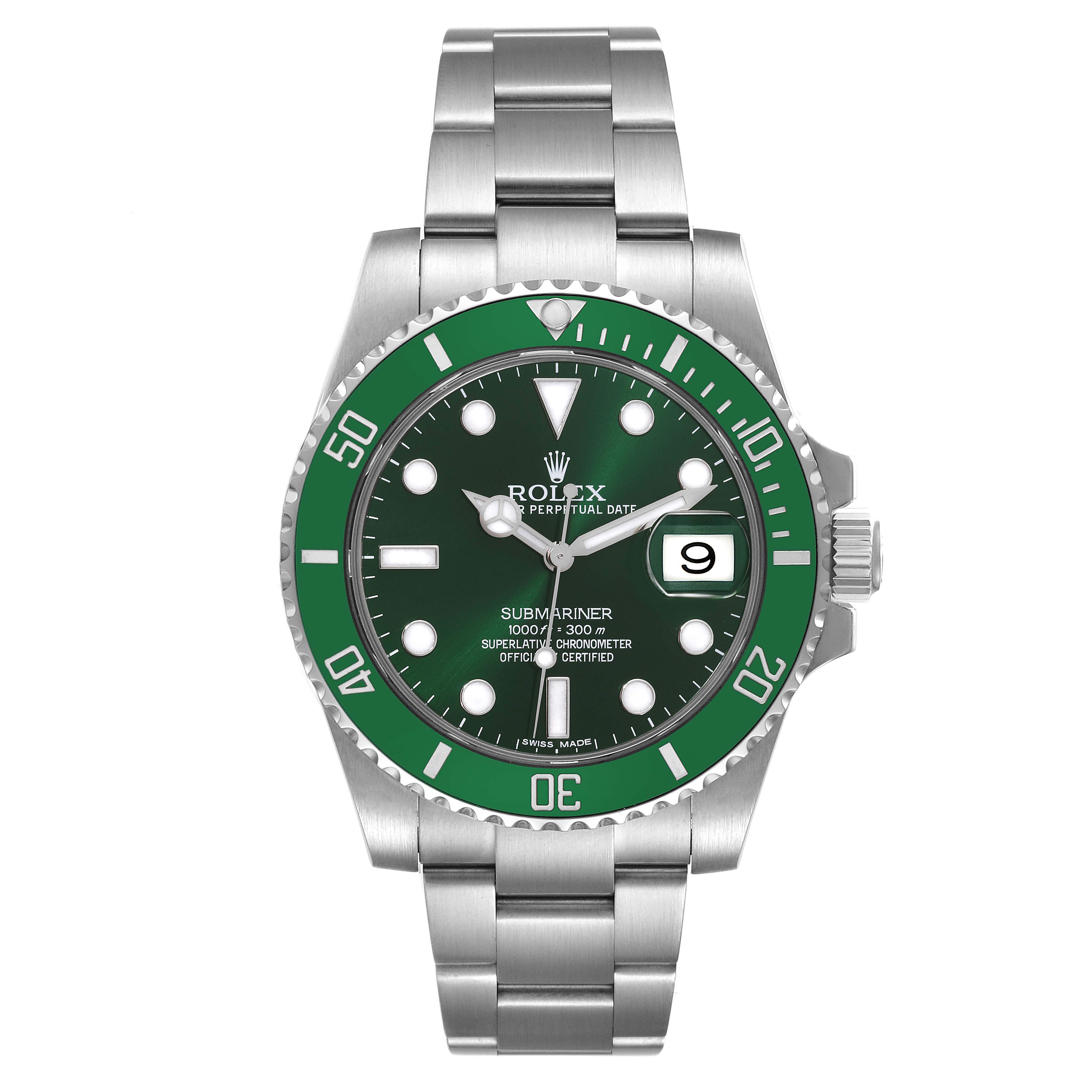 The image shows a front view of a Rolex Submariner 116610LV Men
s Stainless Steel Green Dial 116610LV Men
s Stainless Steel Green Dial watch, highlighting its green bezel, dial, and stainless steel bracelet.