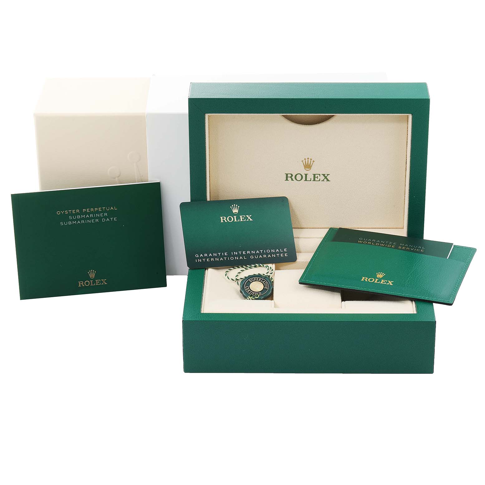 The image shows a Rolex Submariner 124060 Men's Stainless Steel Black Dial 124060 Men's Stainless Steel Black Dial watch box with accompanying booklets, tags, and the international guarantee card.