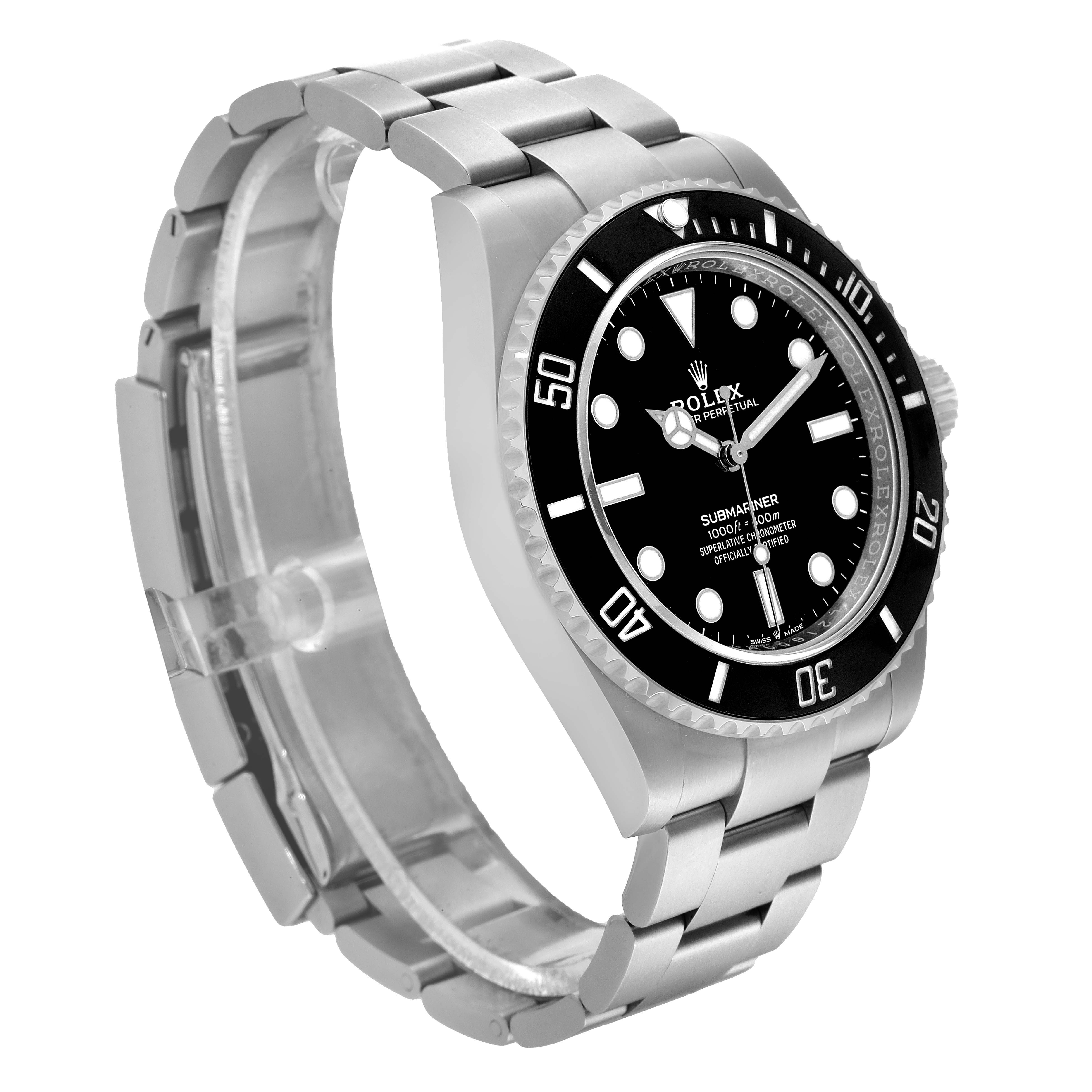 The image shows a side-angle view of the Rolex Submariner 124060 Men's Stainless Steel Black Dial 124060 Men's Stainless Steel Black Dial watch, highlighting the black dial, bezel, and silver bracelet.