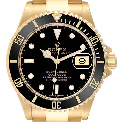 The Rolex Submariner watch is shown from a front angle, highlighting the dial, bezel, and crown.