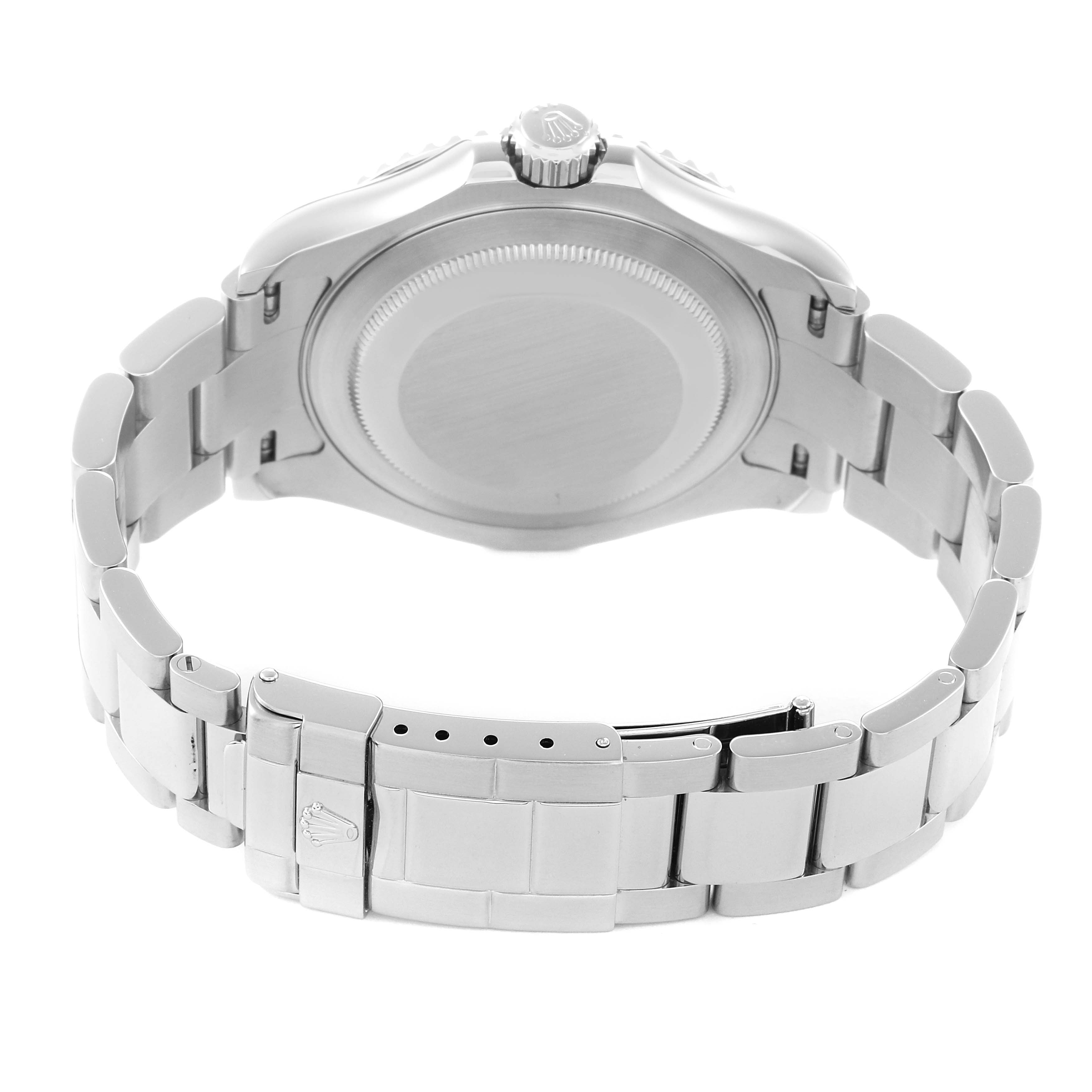The Rolex Yacht-Master 16622 Men
s Stainless Steel Silver Dial 16622 Men
s Stainless Steel Silver Dial watch is shown from the back, displaying the bracelet, clasp, and part of the case.