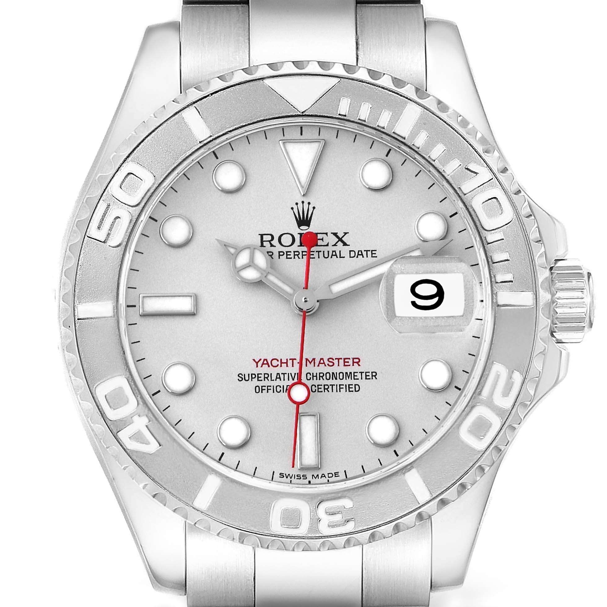 The Rolex Yacht-Master 16622 Men
s Stainless Steel Silver Dial 16622 Men
s Stainless Steel Silver Dial watch is shown from a front angle, highlighting the dial, bezel, date window, and crown.