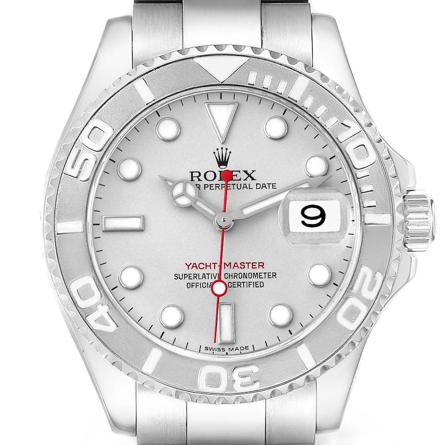 The Rolex Yacht-Master watch is shown from a front angle, highlighting the dial, bezel, date window, and crown.