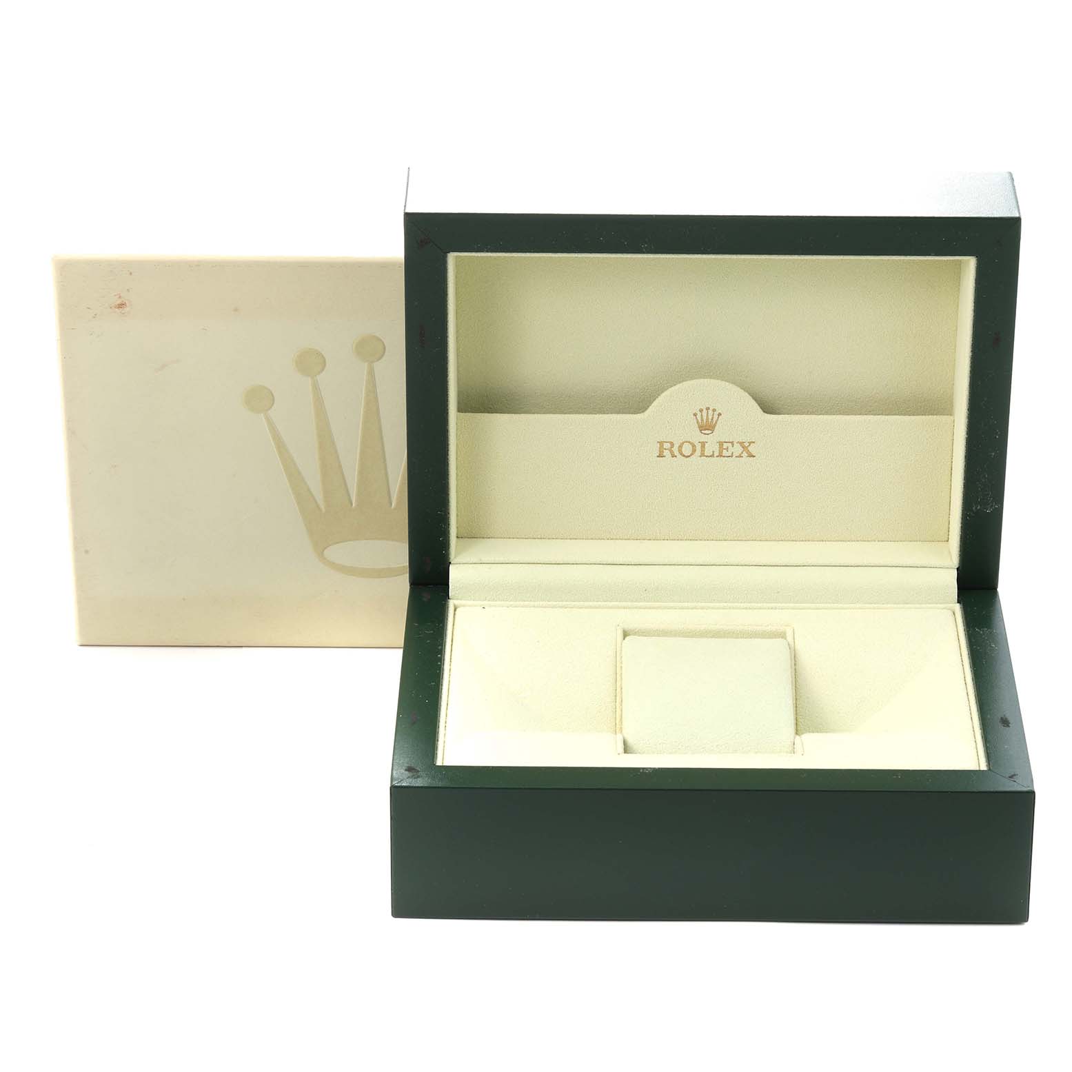 The image shows an open Rolex Yacht-Master 16622 Men
s Stainless Steel Silver Dial 16622 Men
s Stainless Steel Silver Dial watch box with an outer box in view.