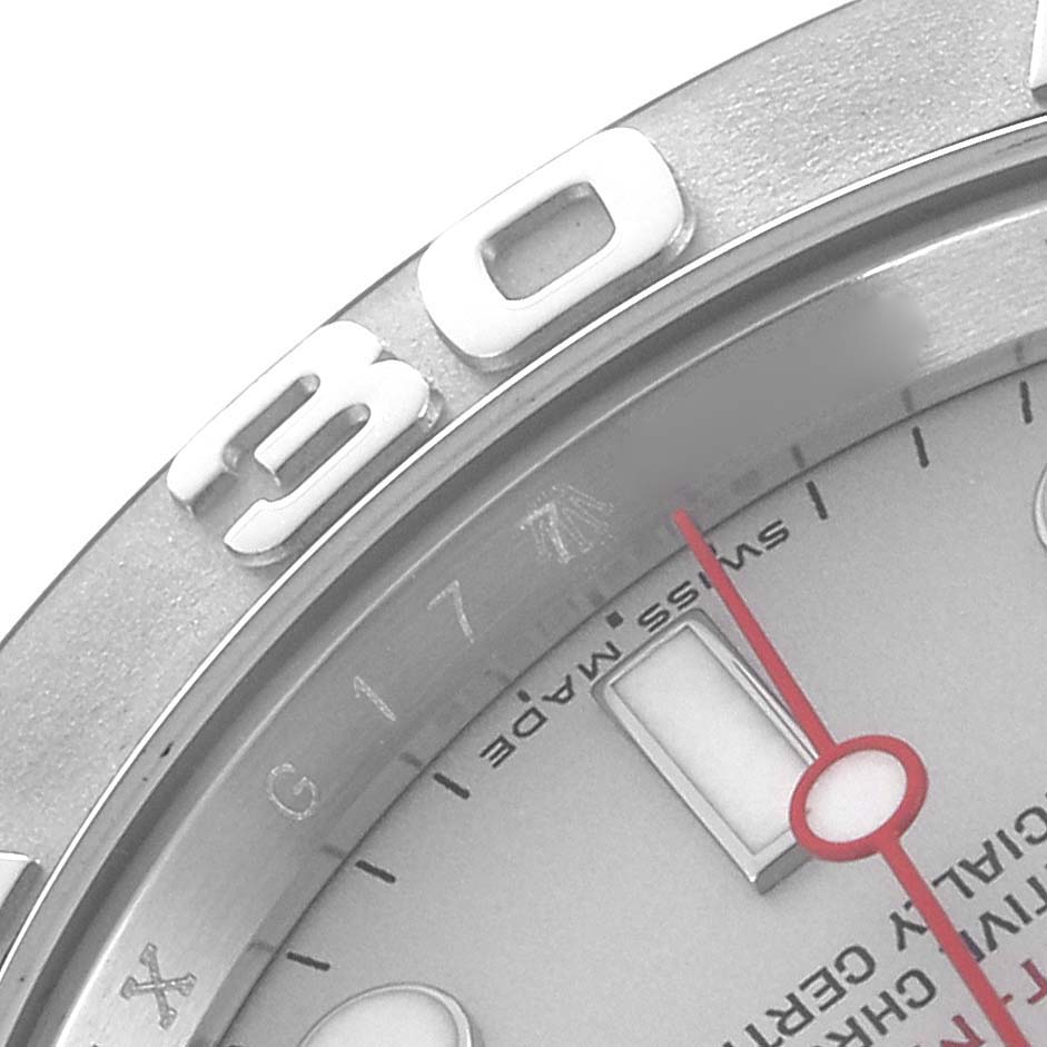 The image shows a close-up of the Rolex Yacht-Master 16622 Men
s Stainless Steel Silver Dial 16622 Men
s Stainless Steel Silver Dial
s bezel and part of the dial, focusing on the "30" marking.