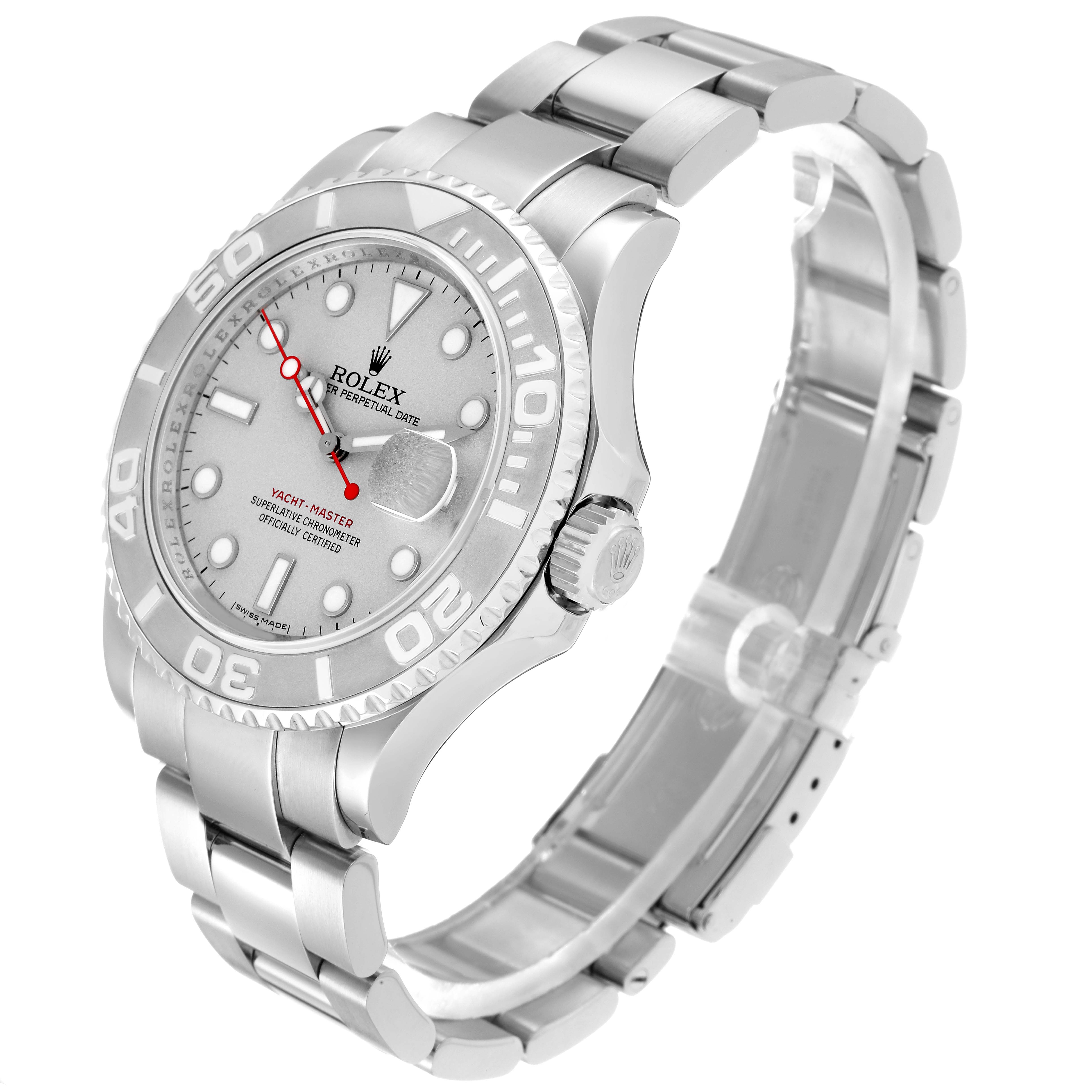 The Rolex Yacht-Master 16622 Men
s Stainless Steel Silver Dial 16622 Men
s Stainless Steel Silver Dial watch is shown from a three-quarter angle, highlighting the silver dial, bezel, and bracelet.