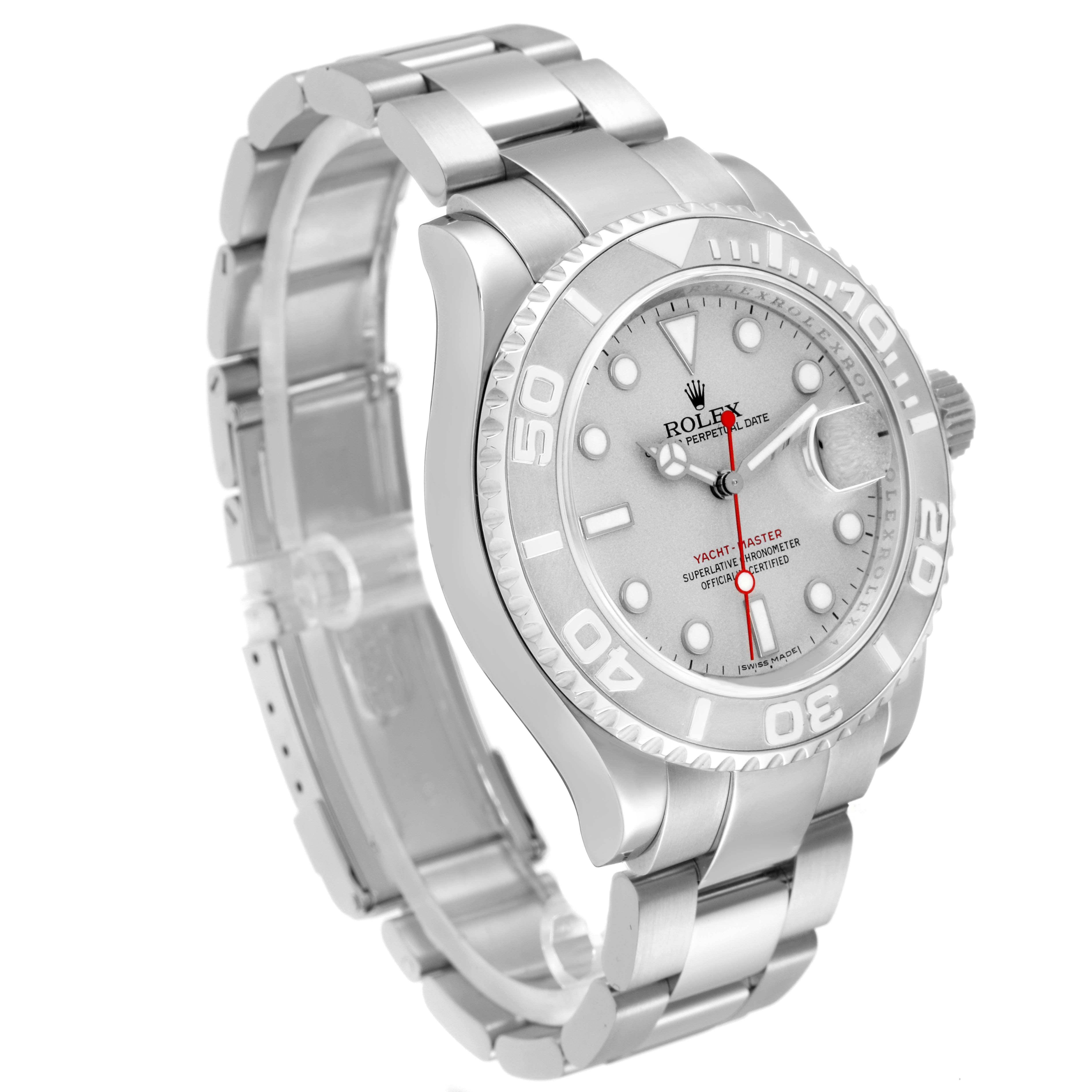 The Rolex Yacht-Master 16622 Men
s Stainless Steel Silver Dial 16622 Men
s Stainless Steel Silver Dial watch is shown at a three-quarter angle, displaying the face, bezel, crown, and part of the bracelet.