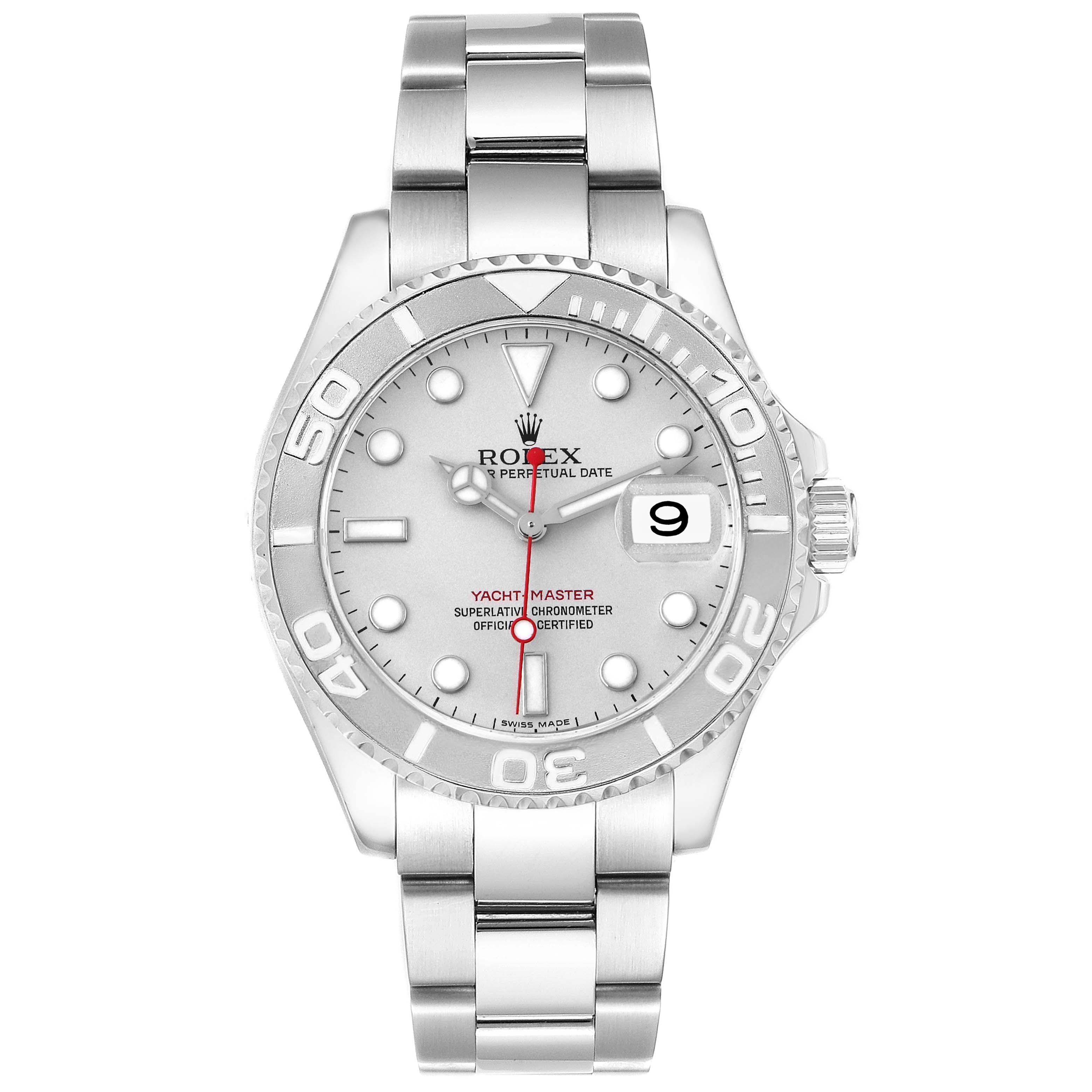The Rolex Yacht-Master 16622 Men
s Stainless Steel Silver Dial 16622 Men
s Stainless Steel Silver Dial watch is shown from the front, displaying its silver dial, bezel, and bracelet.