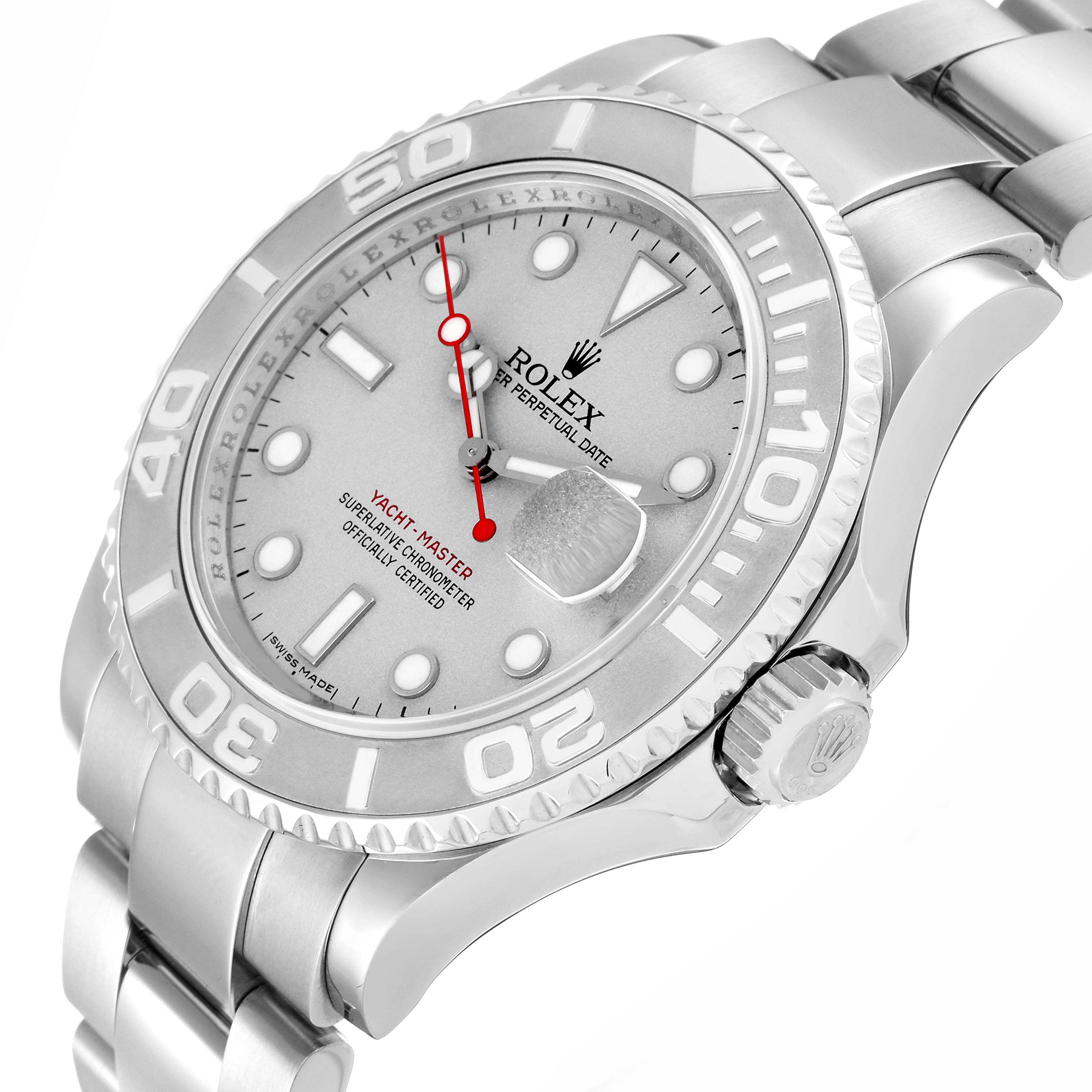 The Rolex Yacht-Master 16622 Men
s Stainless Steel Silver Dial 16622 Men
s Stainless Steel Silver Dial watch is shown at an angled view, highlighting the face, bezel, crown, and part of the bracelet.