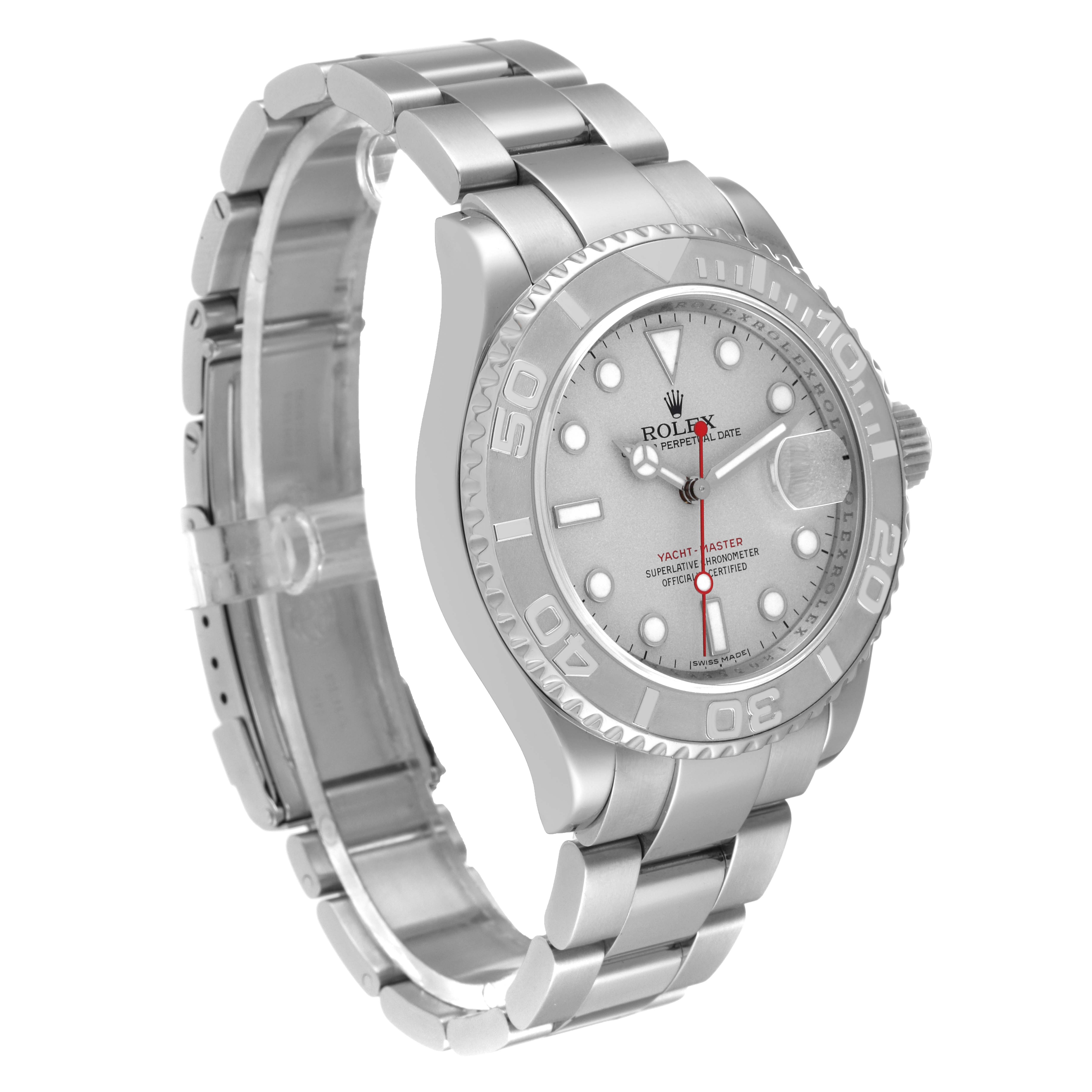 This image shows a Rolex Yacht-Master 16622 Men
s Stainless Steel Silver Dial 16622 Men
s Stainless Steel Silver Dial watch from a three-quarter angle, highlighting its face, bezel, and bracelet.