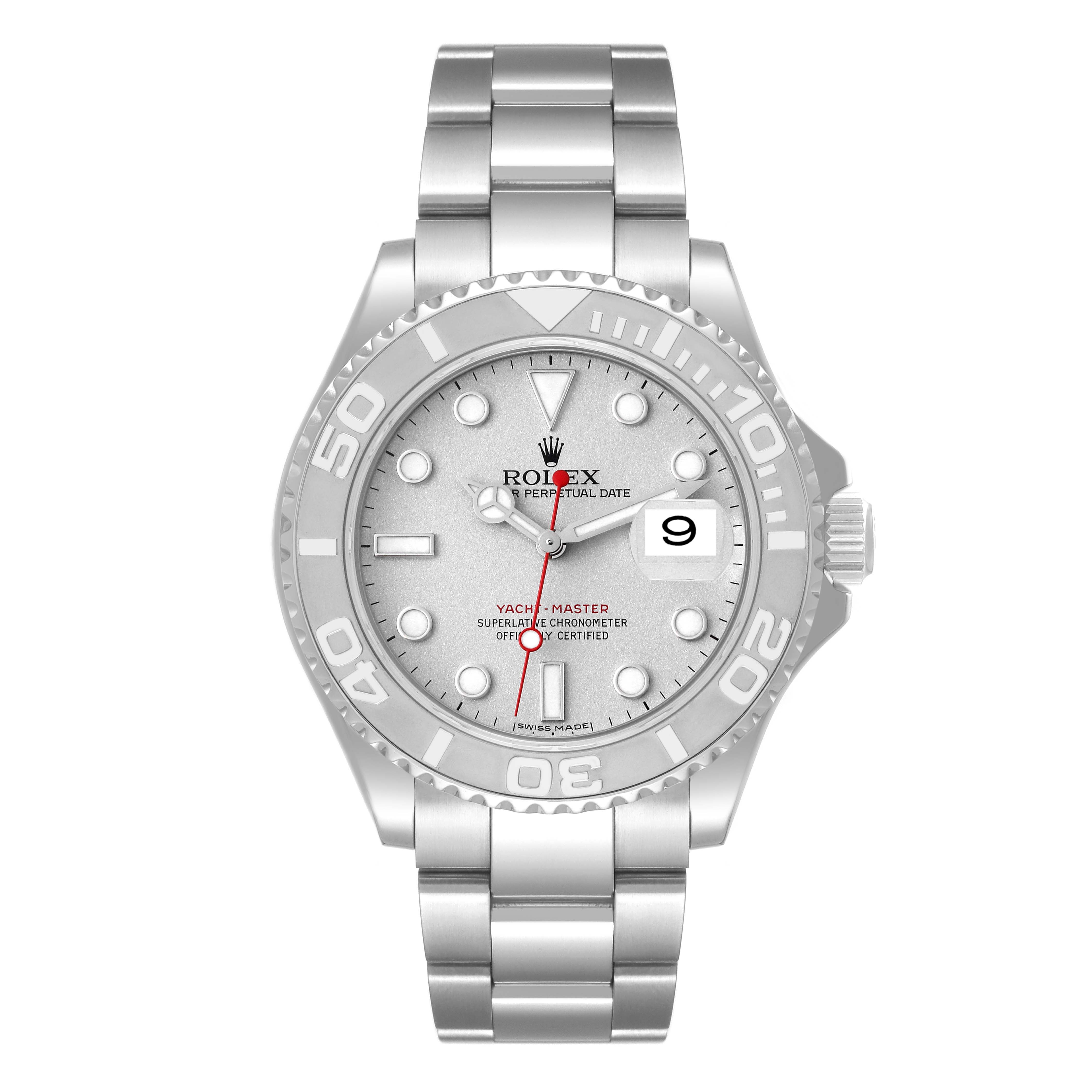 This Rolex Yacht-Master 16622 Men
s Stainless Steel Silver Dial 16622 Men
s Stainless Steel Silver Dial watch is shown from the front, displaying the dial, bezel, and bracelet.
