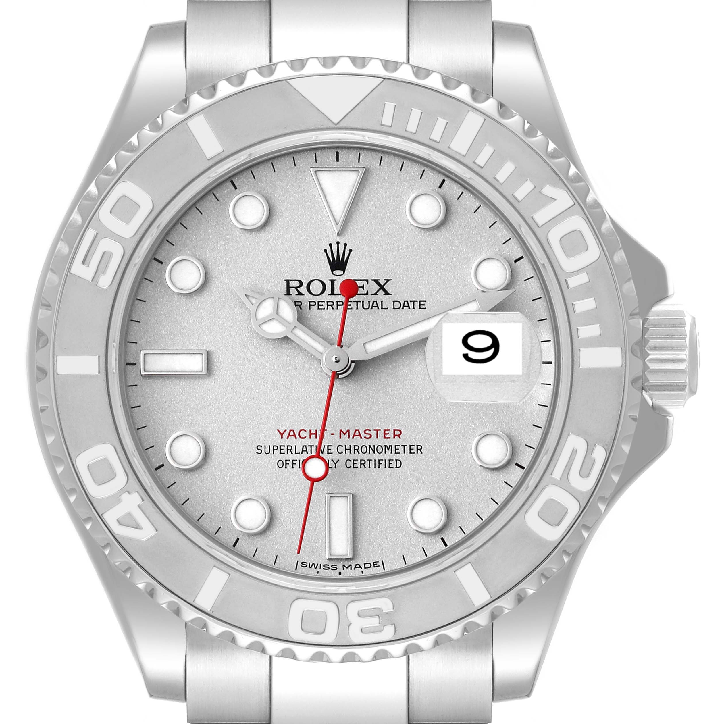 This image shows a front view of a Rolex Yacht-Master 16622 Men
s Stainless Steel Silver Dial 16622 Men
s Stainless Steel Silver Dial watch, highlighting the dial, bezel, hands, and date window.