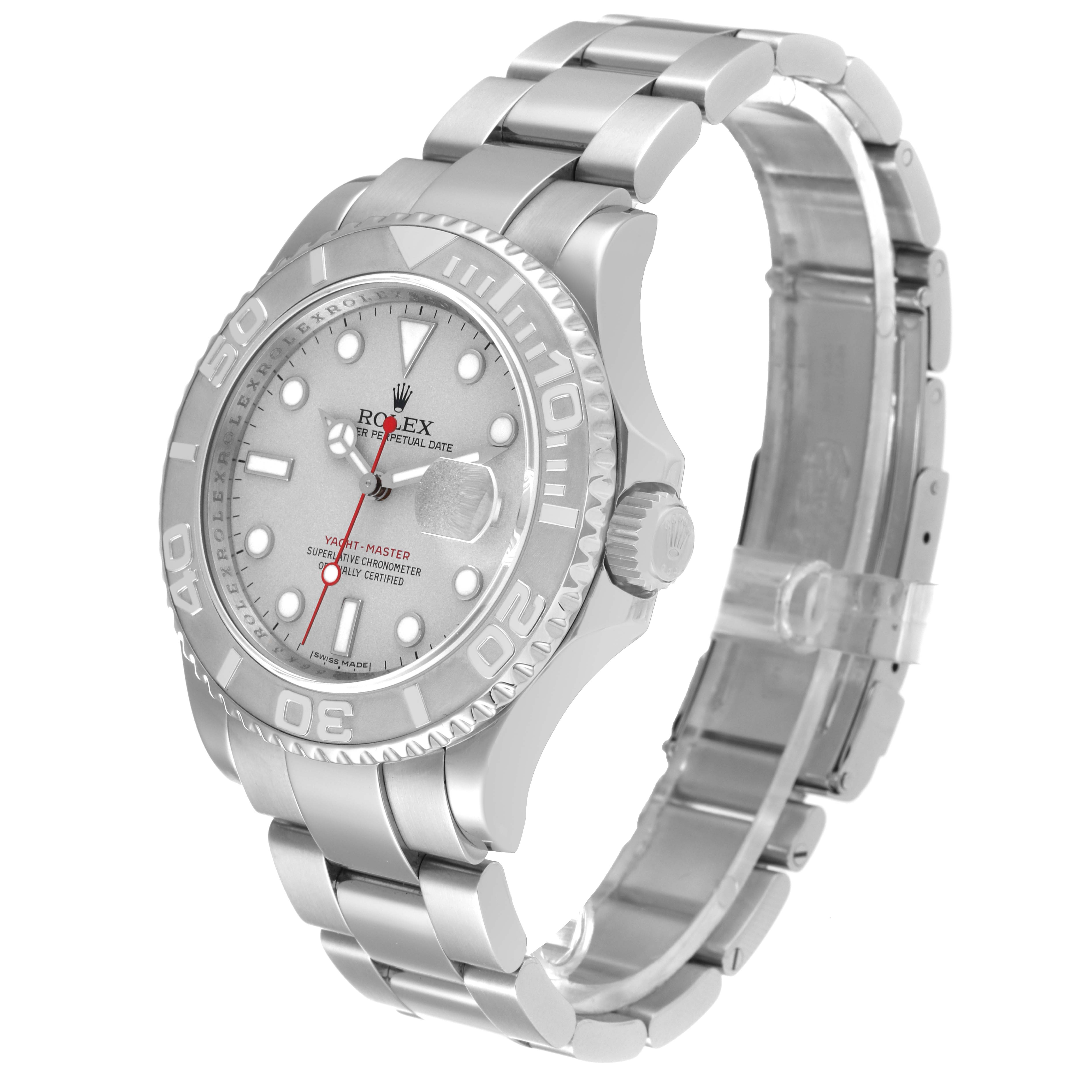 The Rolex Yacht-Master 16622 Men
s Stainless Steel Silver Dial 16622 Men
s Stainless Steel Silver Dial watch is shown at a slight angle from the front-right, highlighting the face, bezel, crown, and bracelet.