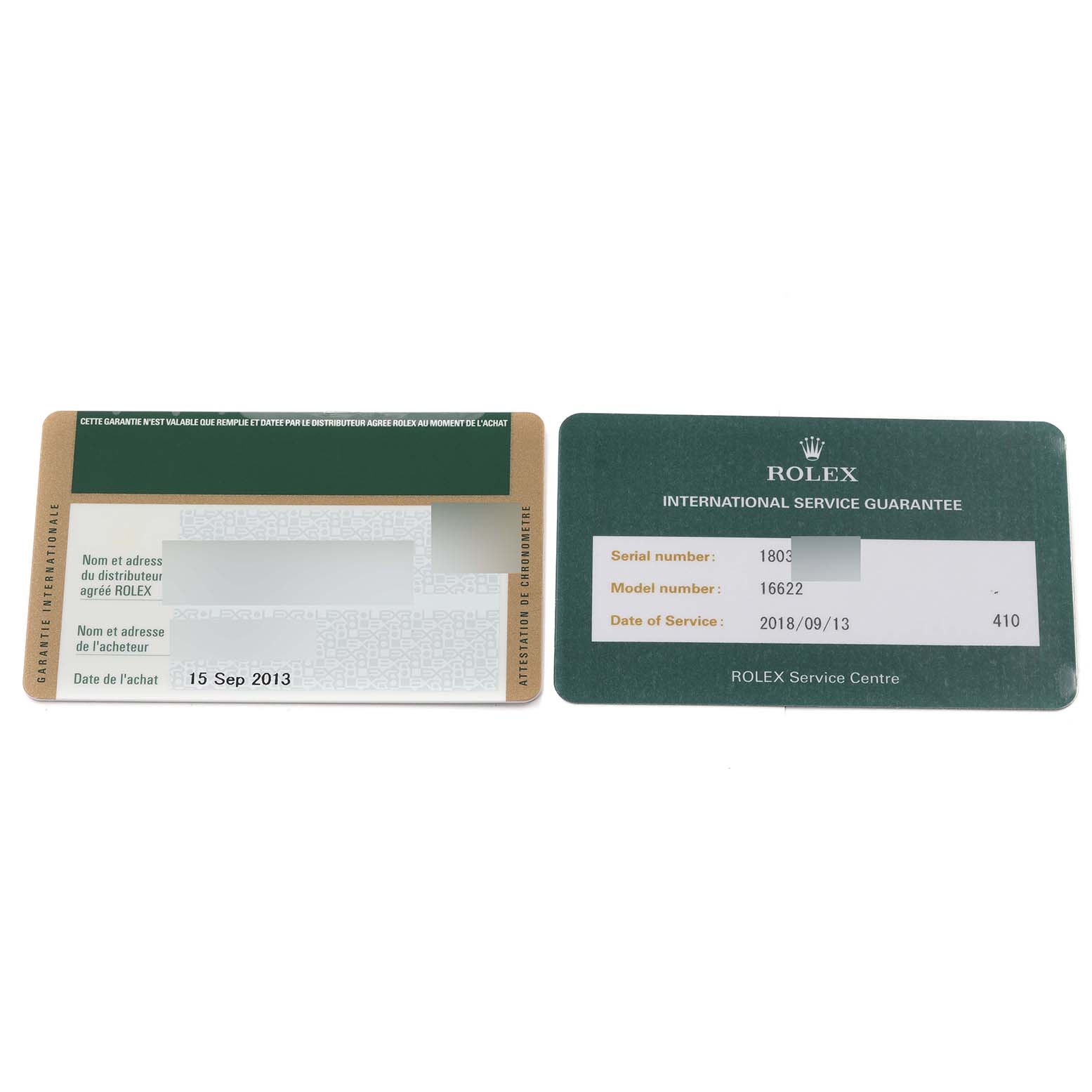 The image shows the international service guarantee cards for a Rolex Yacht-Master 16622 Men
s Stainless Steel Silver Dial 16622 Men
s Stainless Steel Silver Dial model 16622.