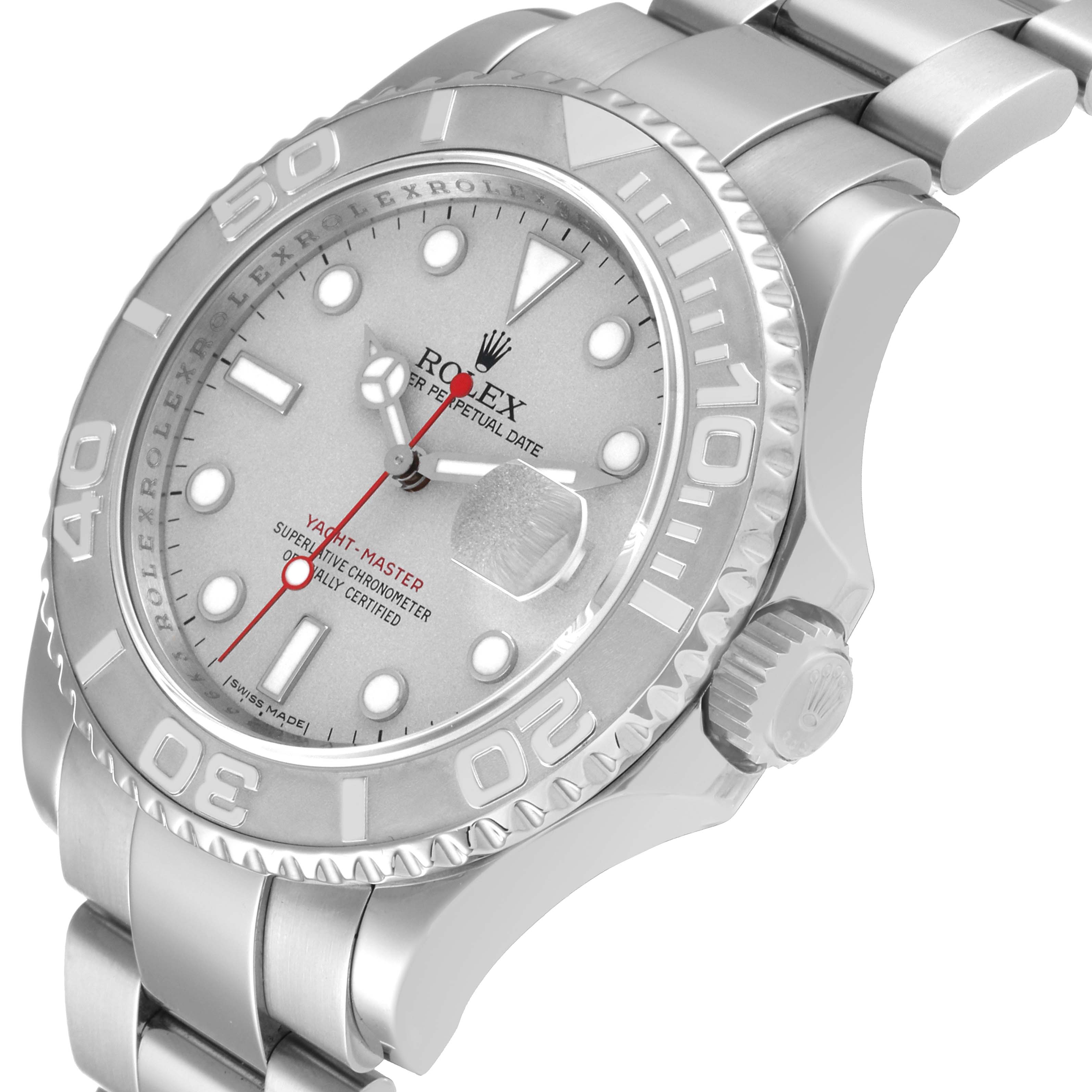 The Rolex Yacht-Master 16622 Men
s Stainless Steel Silver Dial 16622 Men
s Stainless Steel Silver Dial watch is shown from a front and slightly tilted angle, highlighting its bezel, crown, and bracelet.
