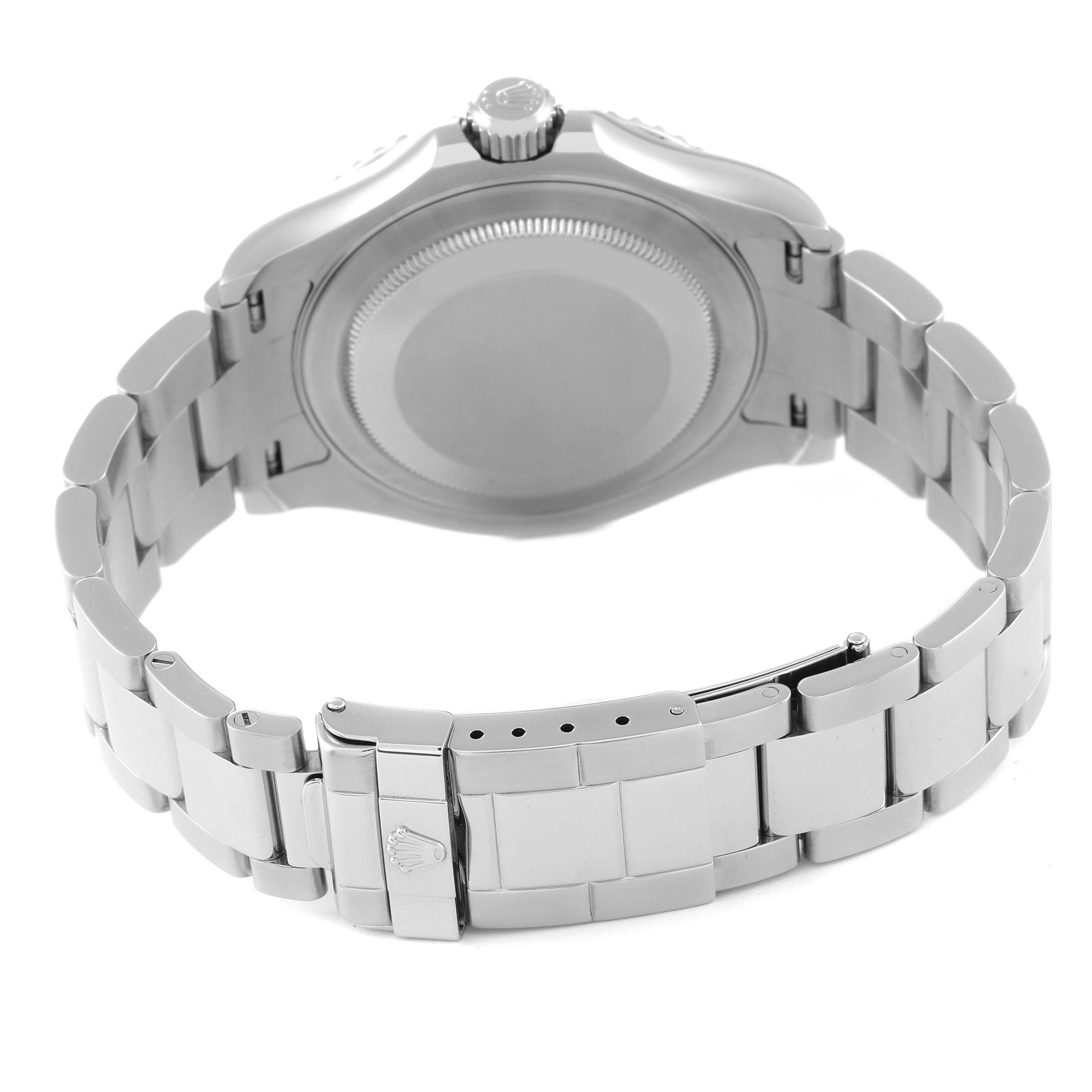 This image shows the back view of a Rolex Yacht-Master 16622 Men
s Stainless Steel Silver Dial 16622 Men
s Stainless Steel Silver Dial watch, highlighting the bracelet, clasp, and case back.