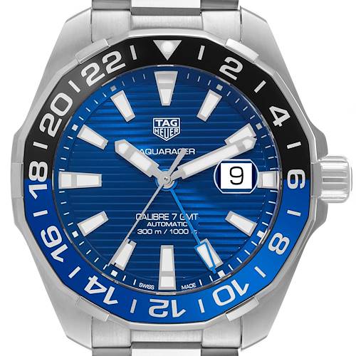 The Tag Heuer Aquaracer is shown from the front, displaying the dial, bezel, hands, and date window.