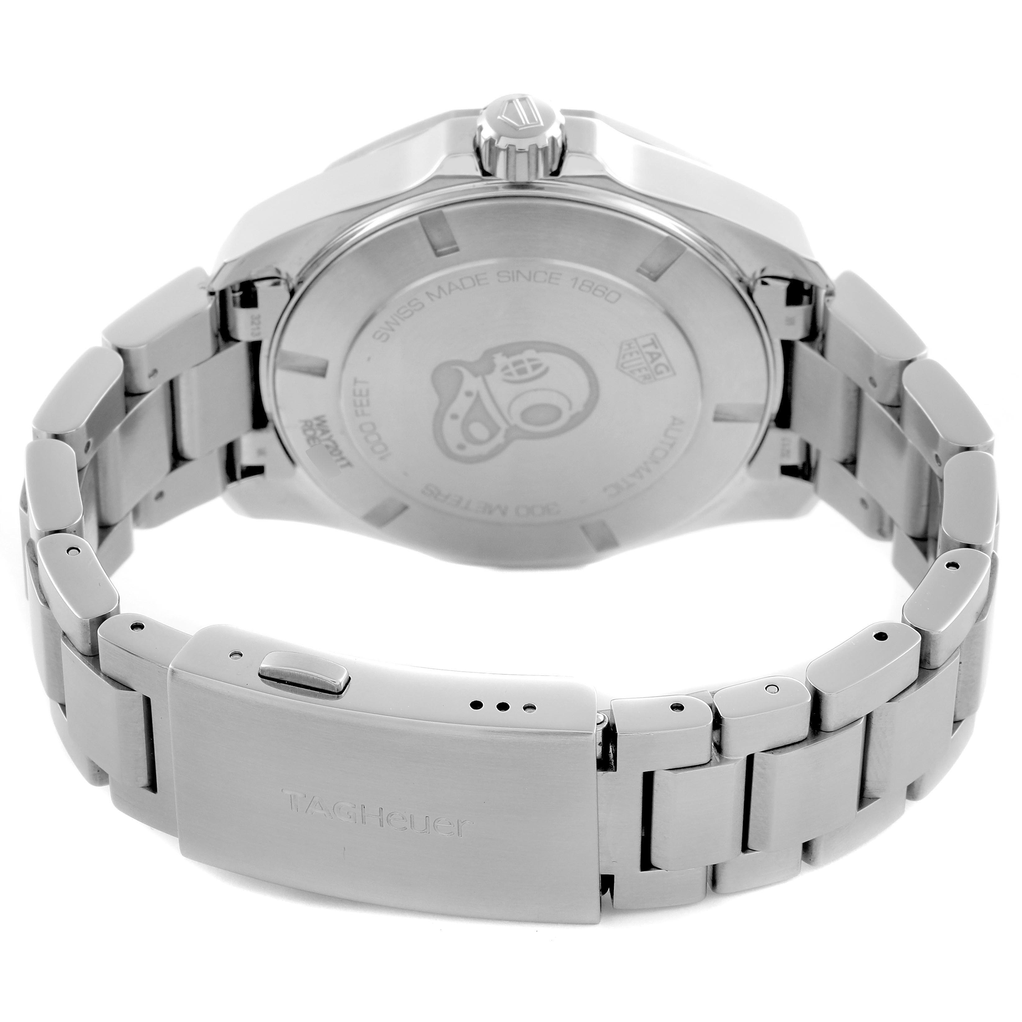 The image shows the back and bracelet of a Tag Heuer Aquaracer WAY201T Men
s Stainless Steel Blue Dial WAY201T Men
s Stainless Steel Blue Dial watch, highlighting the clasp and case back.