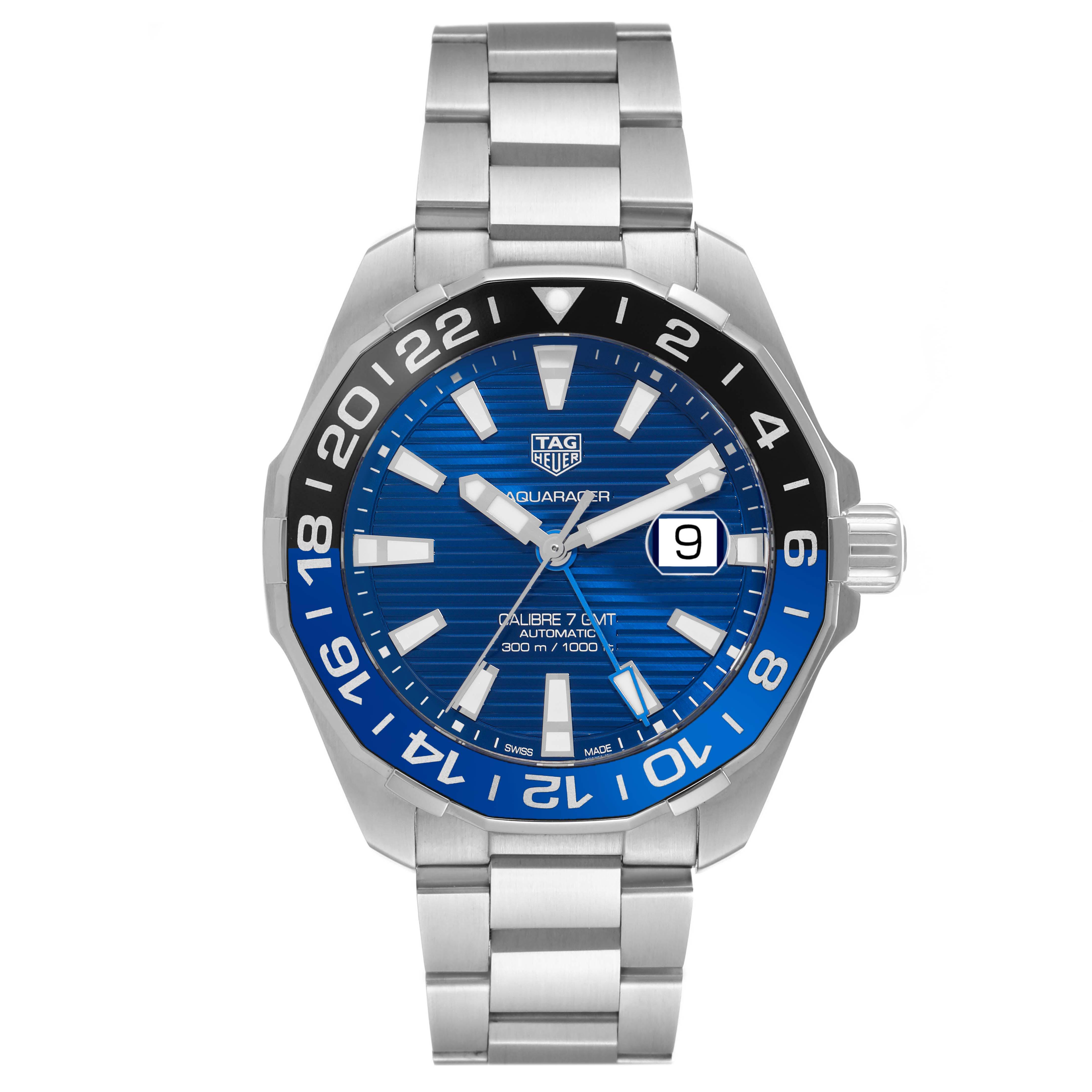 The Tag Heuer Aquaracer WAY201T Men
s Stainless Steel Blue Dial WAY201T Men
s Stainless Steel Blue Dial watch is shown from the front with its bezel, dial, bracelet, and crown visible.