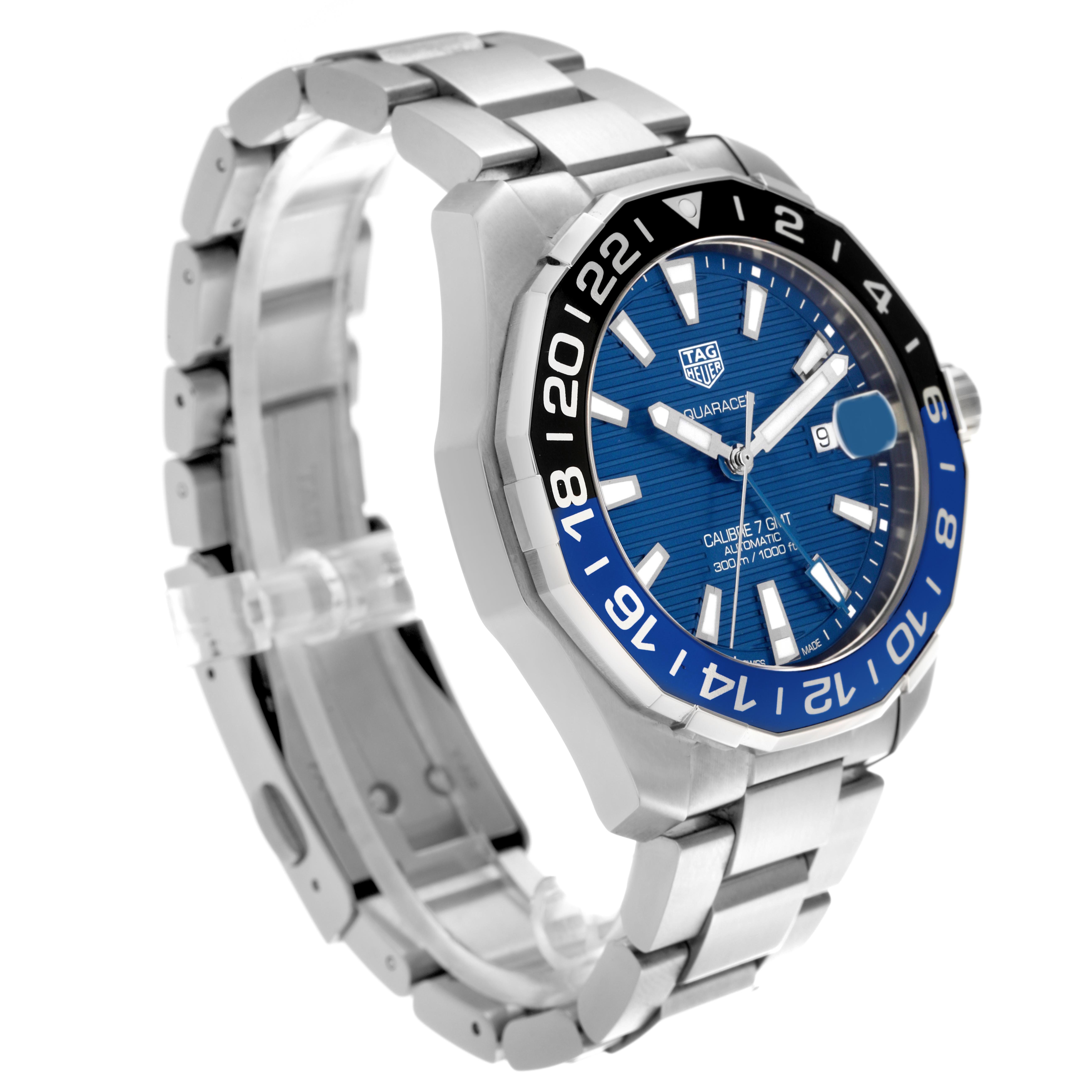 The Tag Heuer Aquaracer WAY201T Men
s Stainless Steel Blue Dial WAY201T Men
s Stainless Steel Blue Dial watch is shown at a three-quarter angle, highlighting the blue dial, bezel, and metal bracelet.