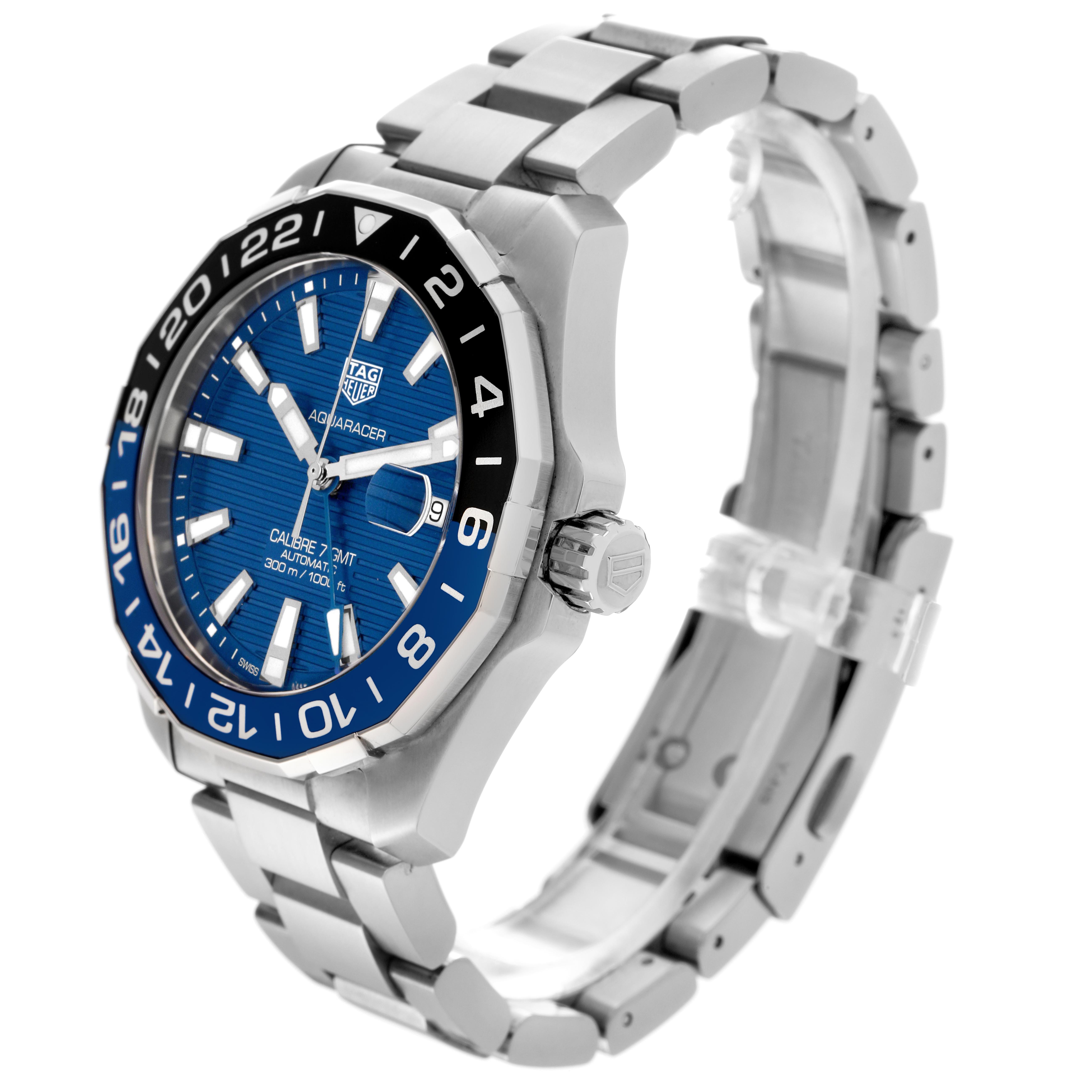 The Tag Heuer Aquaracer WAY201T Men
s Stainless Steel Blue Dial WAY201T Men
s Stainless Steel Blue Dial watch is shown at a side angle, highlighting the bezel, dial, crown, and bracelet.