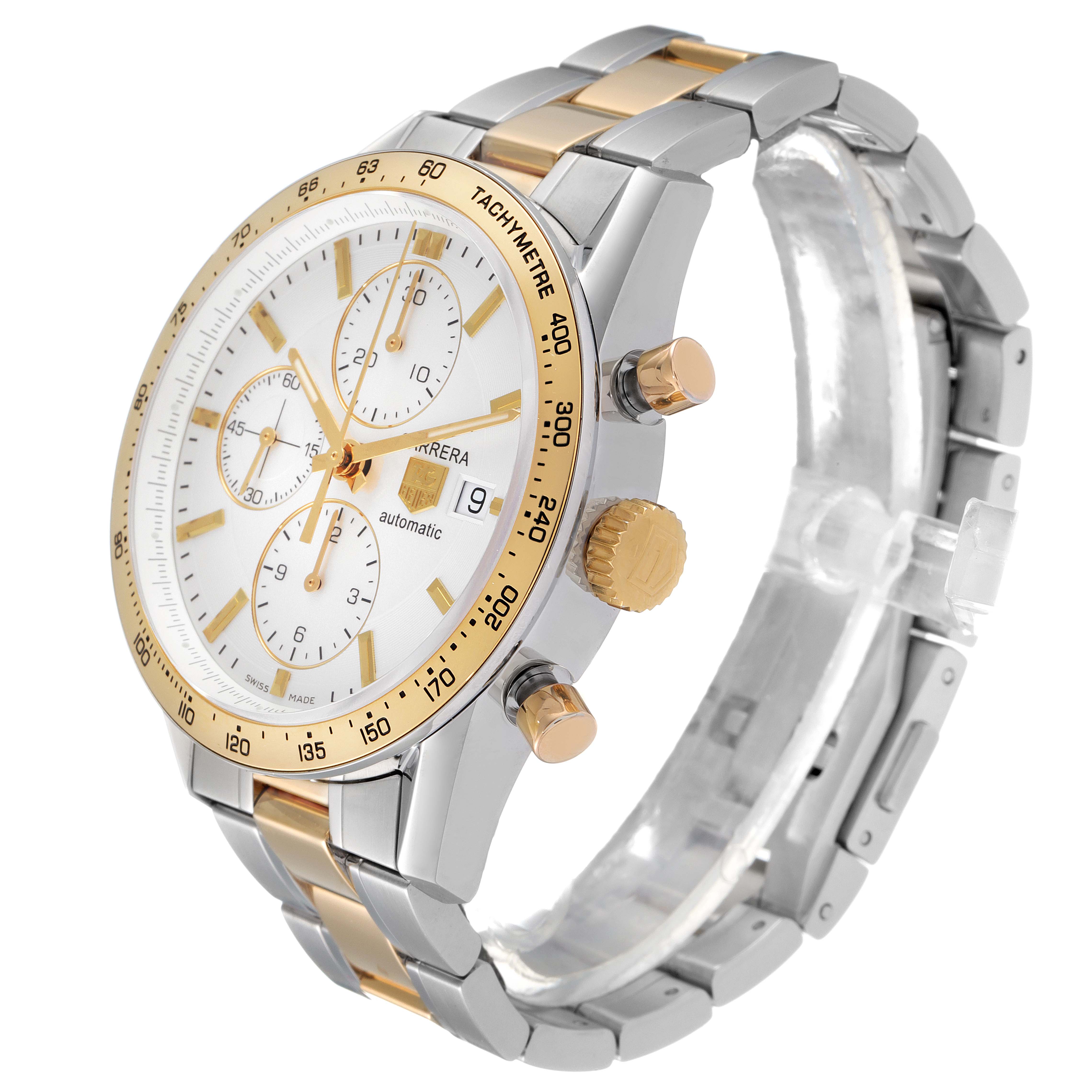 The Tag Heuer Carrera CV2050.BD0789 Men's Steel and Gold (two tone) Silver Dial CV2050.BD0789 Men's Steel and Gold (two tone) Silver Dial watch is shown at a slight angle, displaying its face, bezel, crown, and part of the strap.