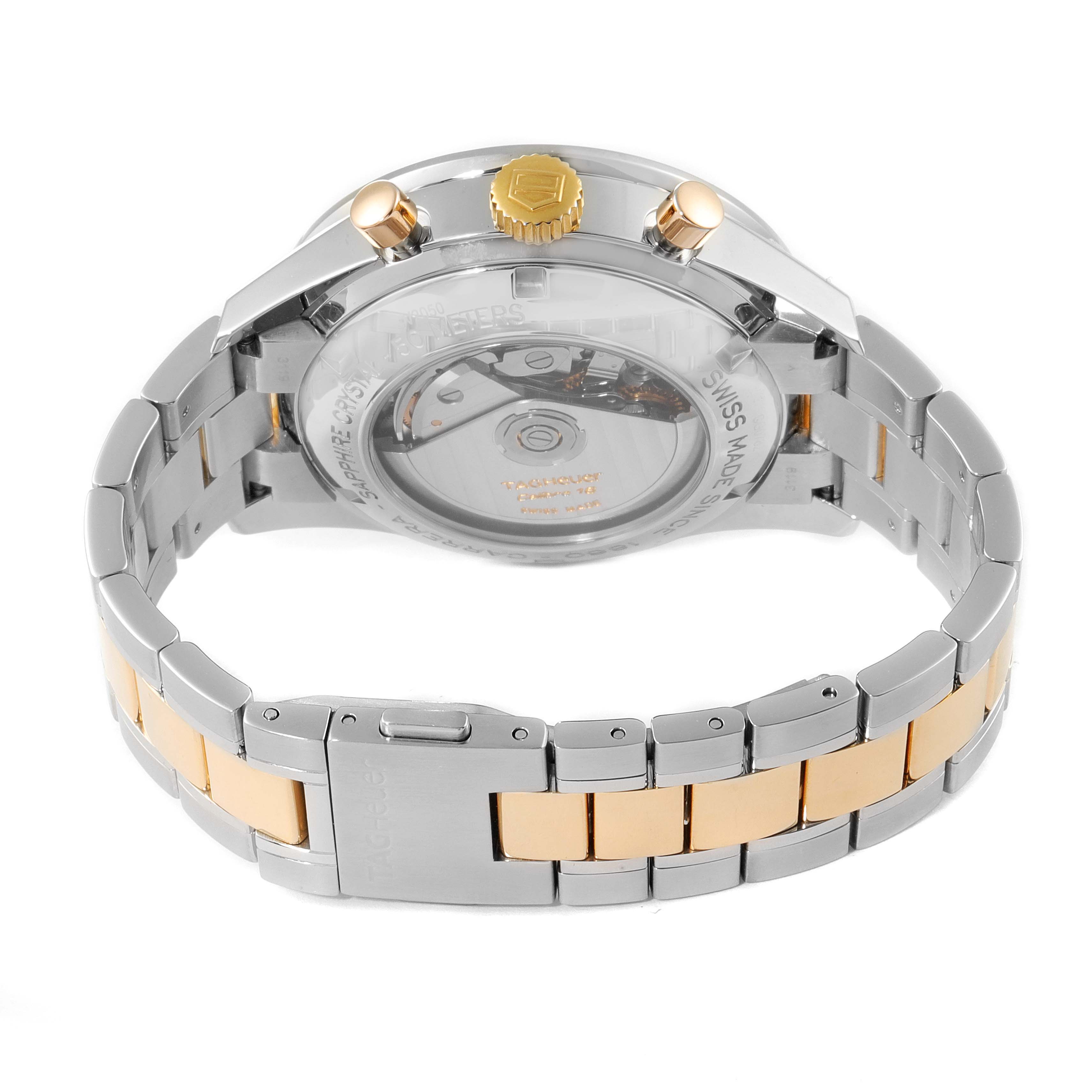 The image shows the back and clasp of the Tag Heuer Carrera CV2050.BD0789 Men's Steel and Gold (two tone) Silver Dial CV2050.BD0789 Men's Steel and Gold (two tone) Silver Dial watch, highlighting the visible movement and two-tone bracelet.
