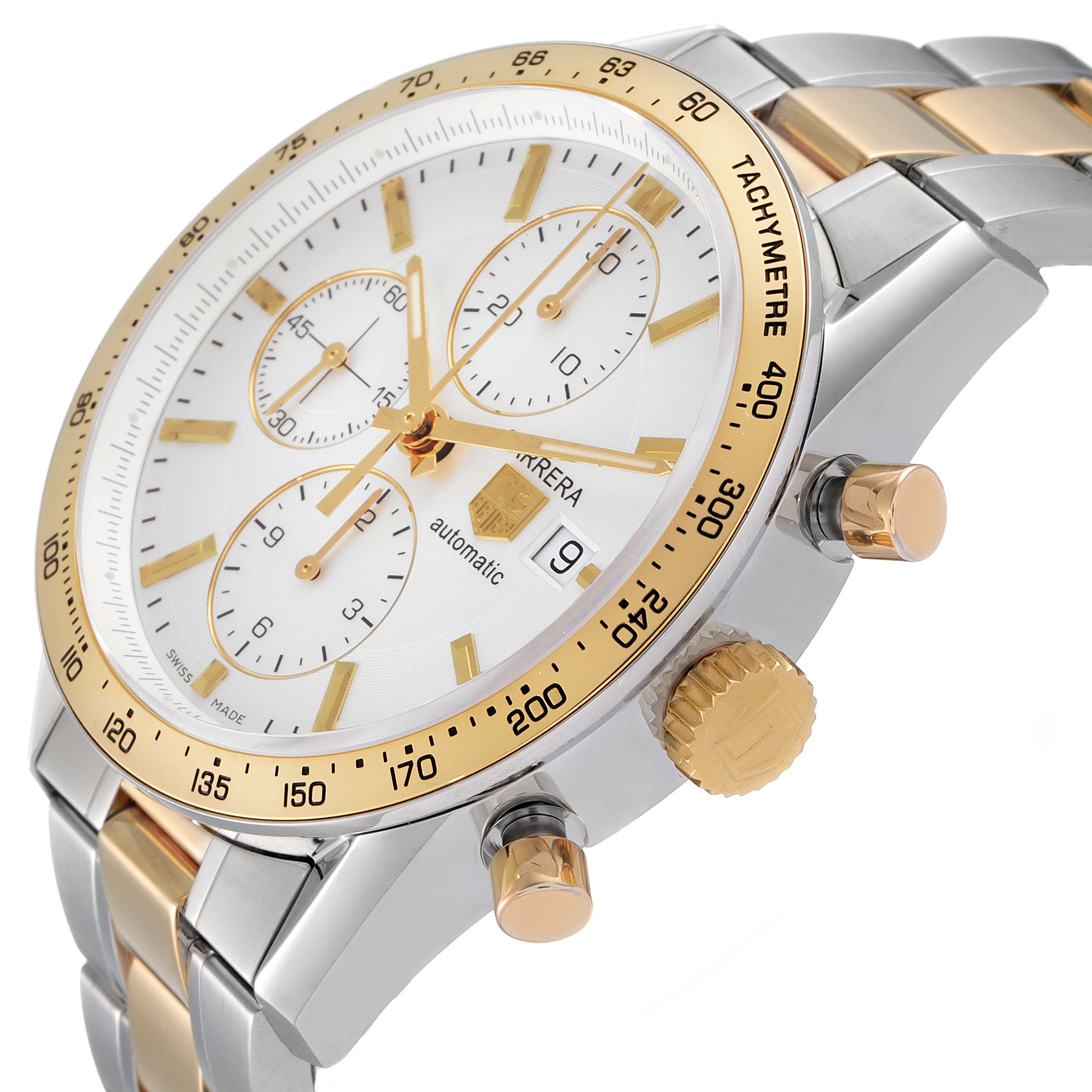 The image shows a close-up side view of a Tag Heuer Carrera CV2050.BD0789 Men's Steel and Gold (two tone) Silver Dial CV2050.BD0789 Men's Steel and Gold (two tone) Silver Dial watch, highlighting the bezel, dial, buttons, and part of the bracelet.