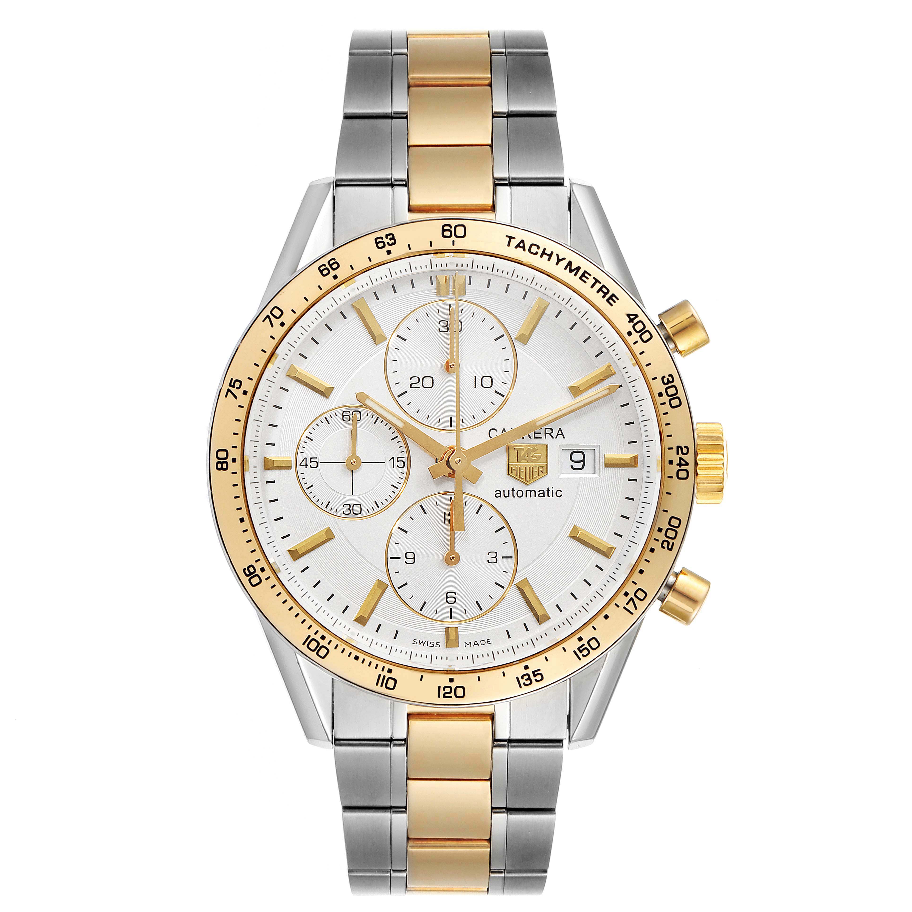 The image shows a Tag Heuer Carrera CV2050.BD0789 Men's Steel and Gold (two tone) Silver Dial CV2050.BD0789 Men's Steel and Gold (two tone) Silver Dial watch, featuring a gold bezel, chronograph dials, and a two-tone metal bracelet from the front view.