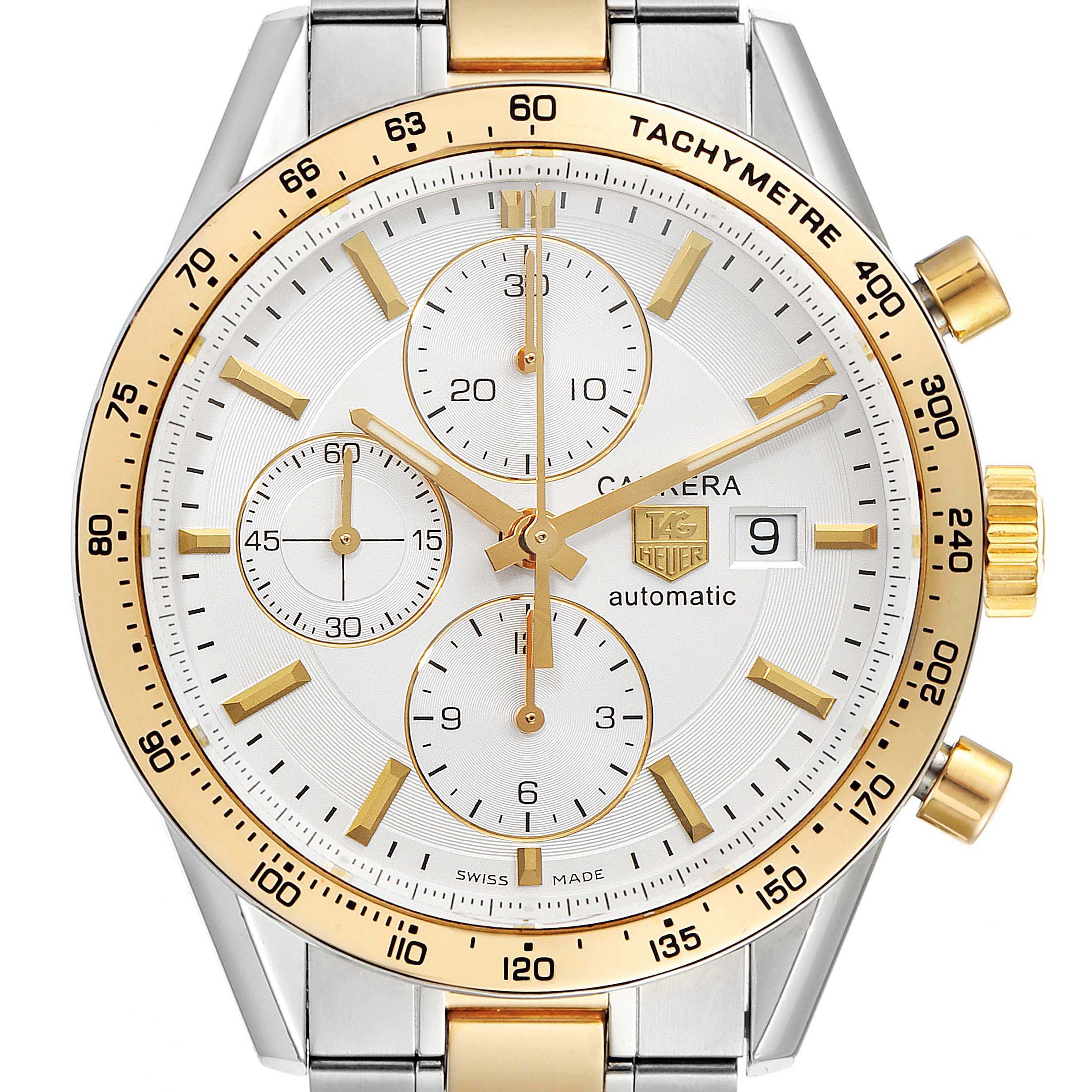 The Tag Heuer Carrera CV2050.BD0789 Men's Steel and Gold (two tone) Silver Dial CV2050.BD0789 Men's Steel and Gold (two tone) Silver Dial watch is shown from a front angle, highlighting its dial, bezel, crown, and pushers.