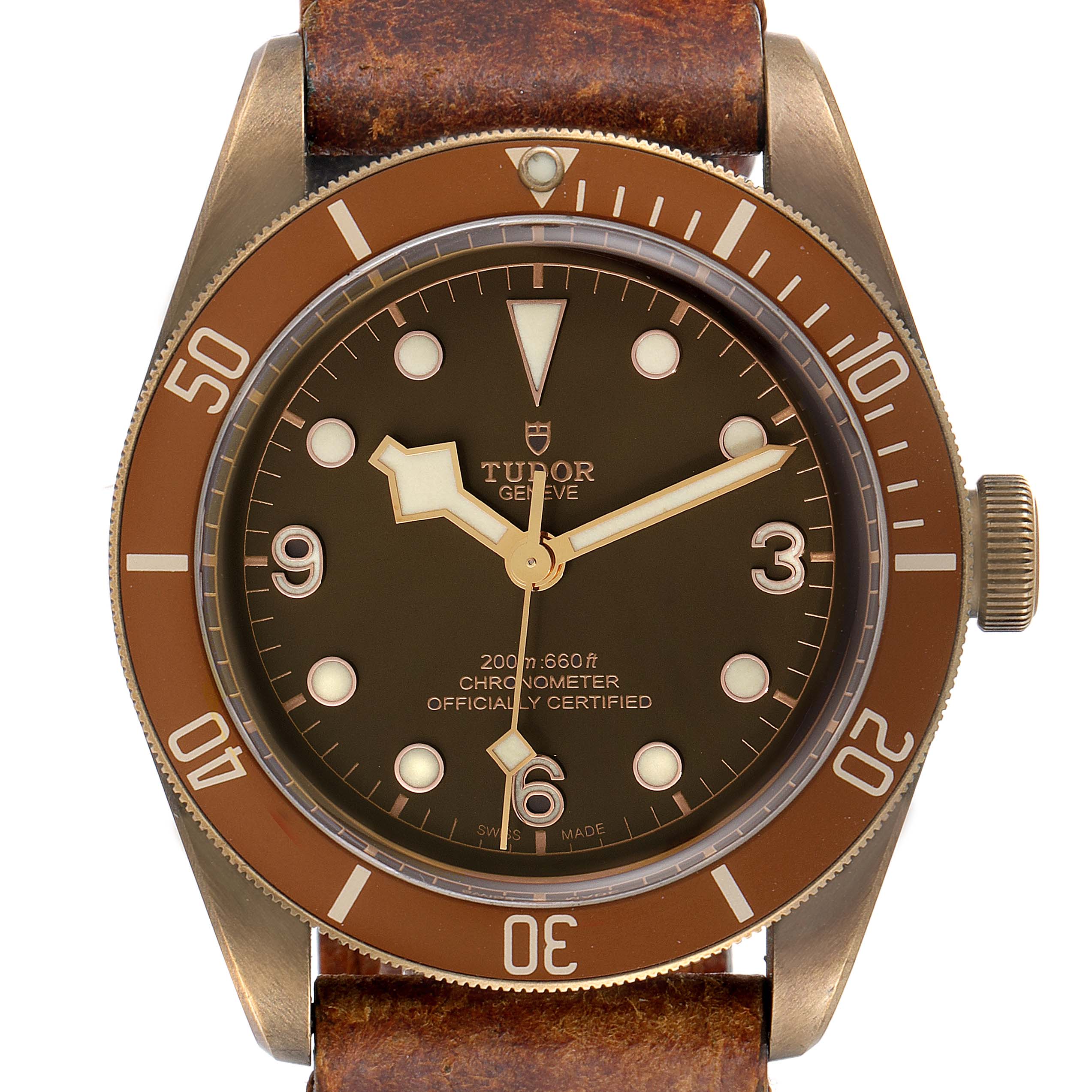 The image shows a front view of a Tudor Heritage Black Bay 79250B Men's Bronze Brown Dial 79250B Men's Bronze Brown Dial watch, featuring its dial, bezel, and strap.