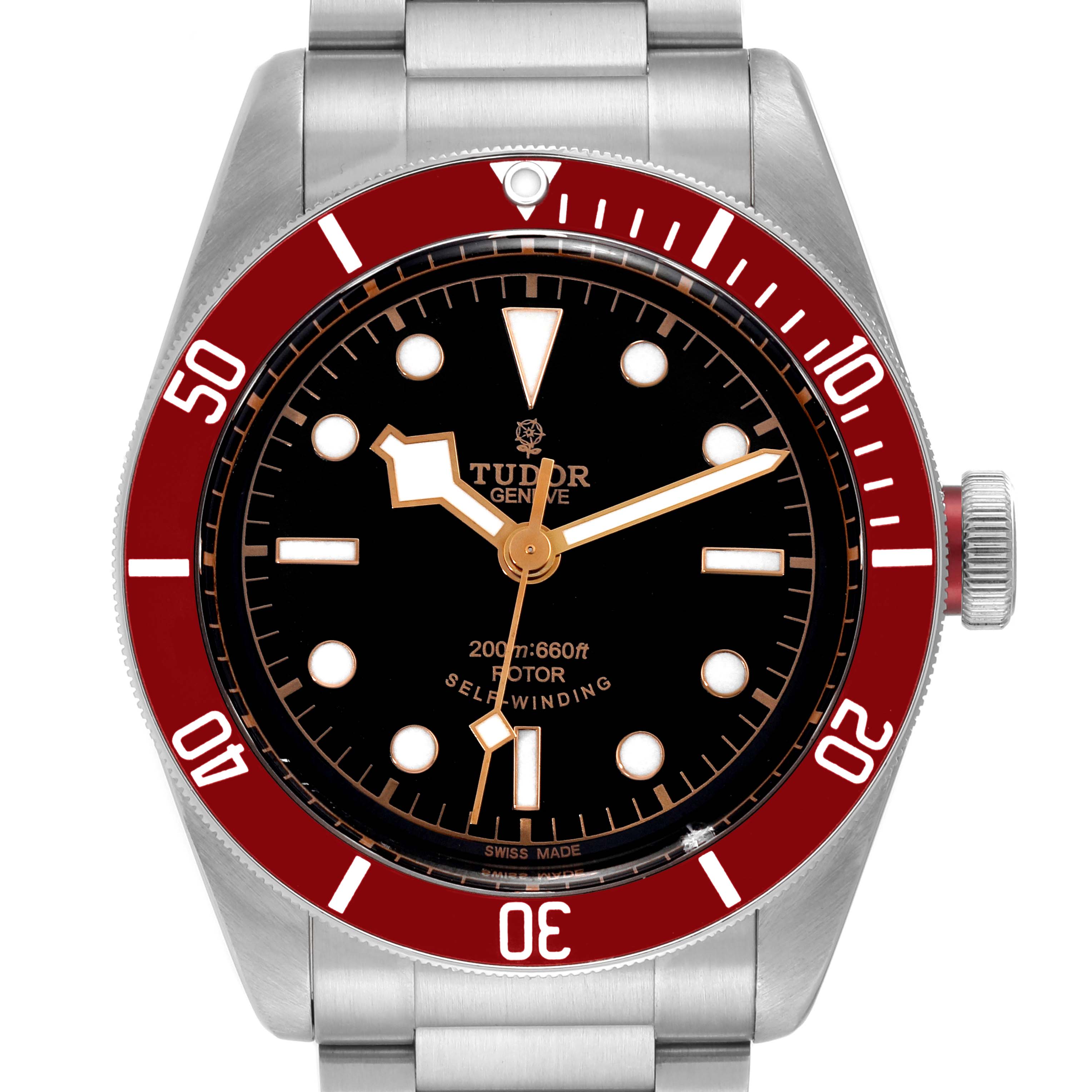The image shows a front view of the Tudor Heritage Black Bay 79220R Men
s Stainless Steel Black Dial 79220R Men
s Stainless Steel Black Dial watch, highlighting its dial, bezel, crown, and part of the bracelet.