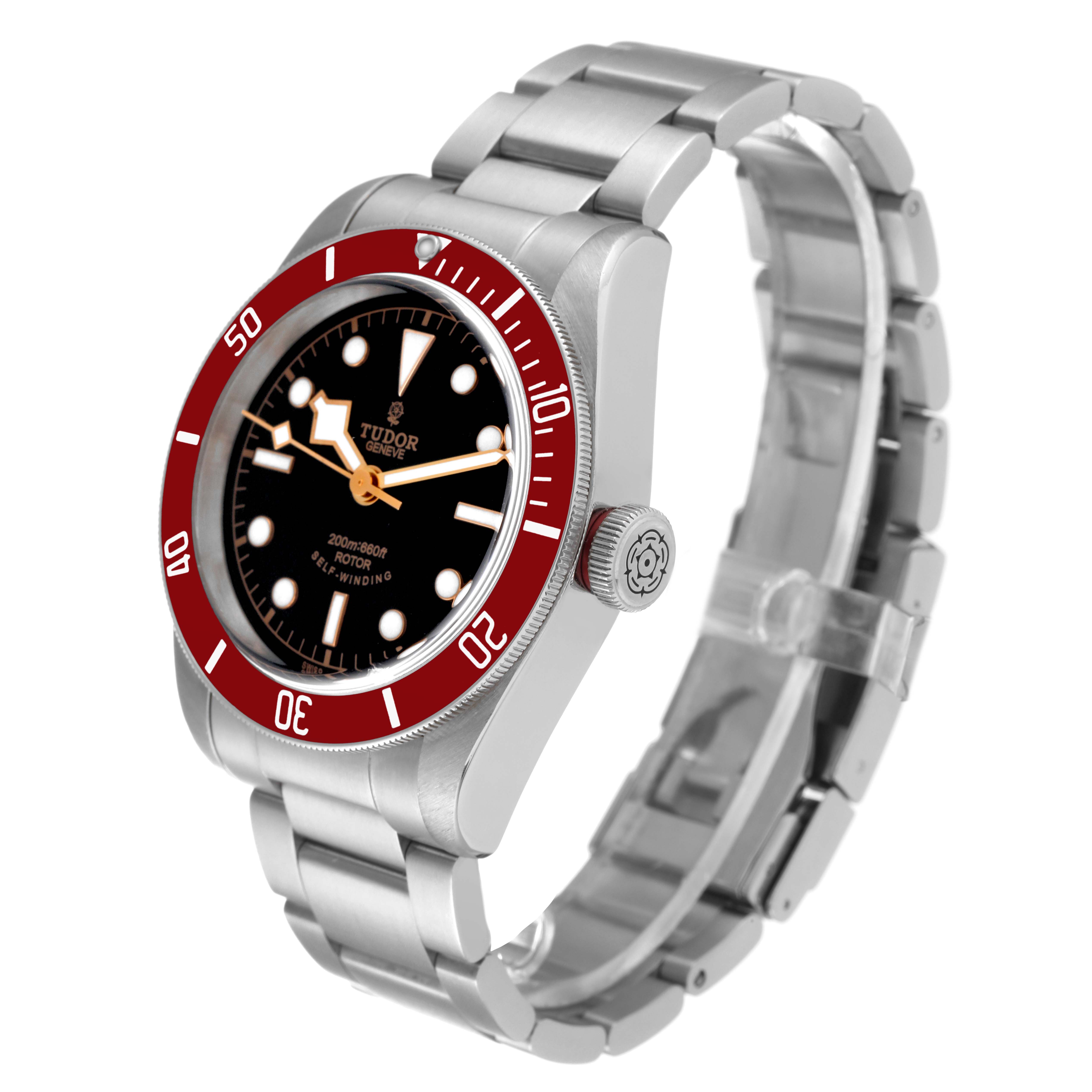 The Tudor Heritage Black Bay 79220R Men
s Stainless Steel Black Dial 79220R Men
s Stainless Steel Black Dial watch is shown at a three-quarter angle, displaying the dial, bezel, crown, and stainless steel bracelet.