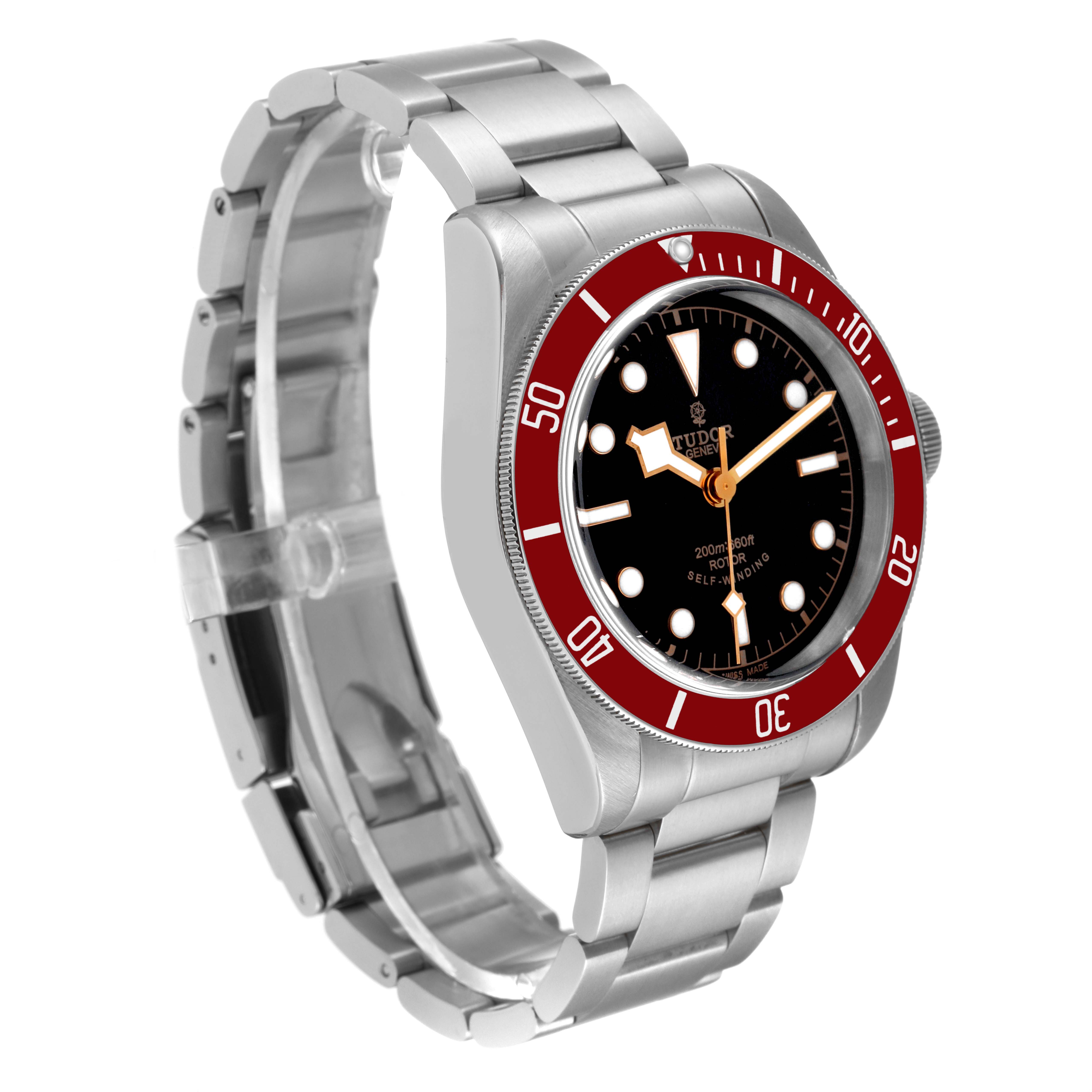 This image shows a Tudor Heritage Black Bay 79220R Men
s Stainless Steel Black Dial 79220R Men
s Stainless Steel Black Dial watch at a three-quarter angle, displaying its face, bezel, and bracelet.