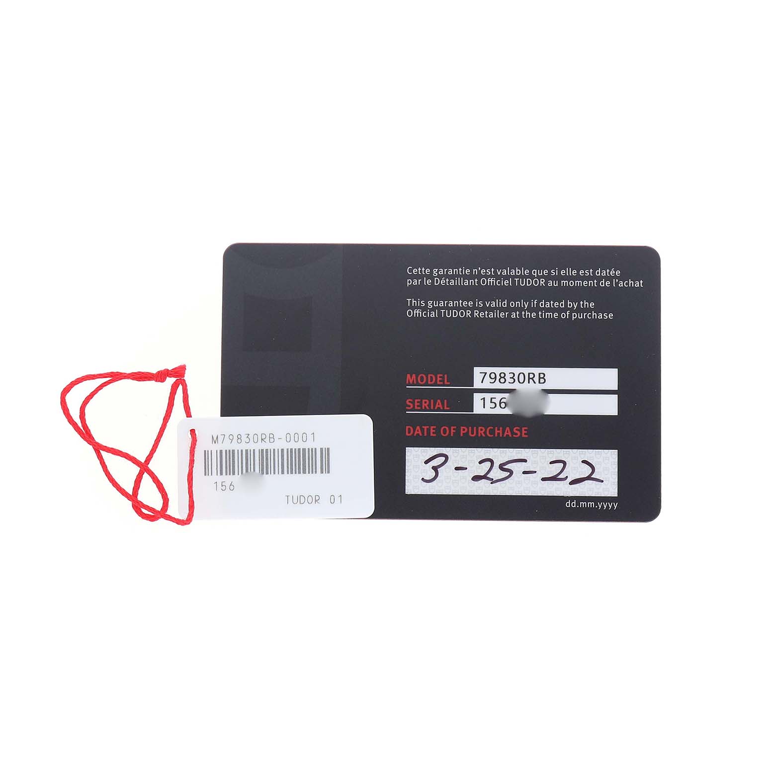 The image shows a warranty card for a Tudor Heritage Black Bay 79830RB Men's Stainless Steel Black Dial, detailing model, serial number, and purchase date.