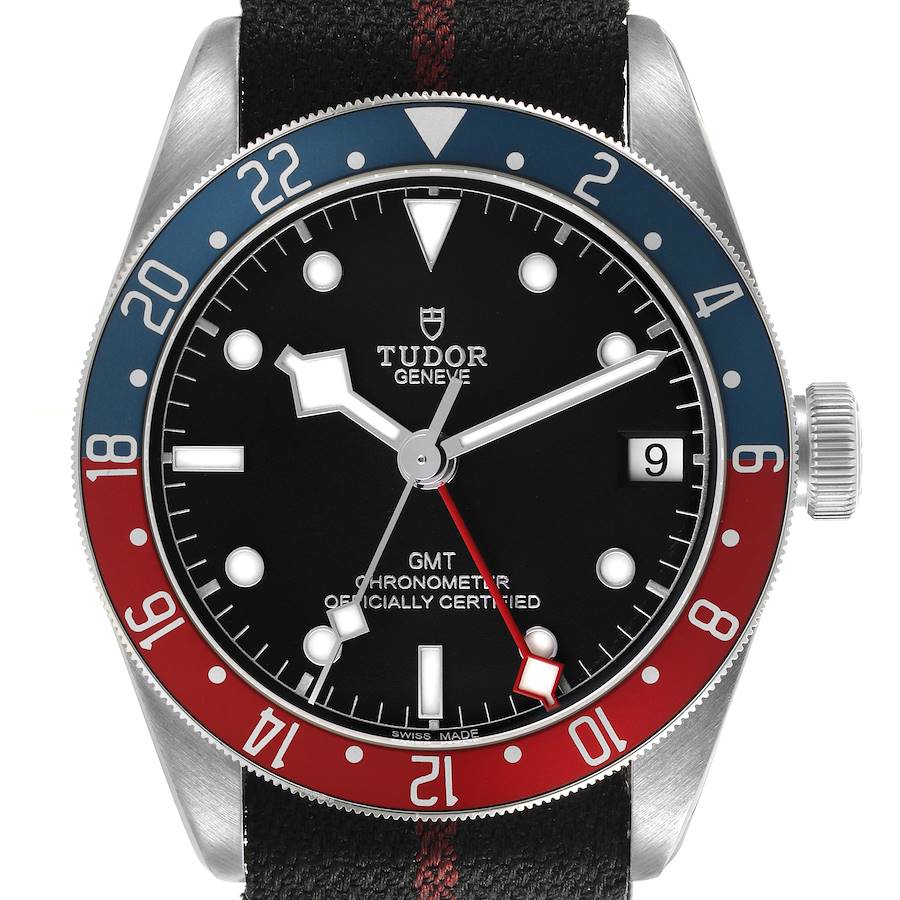 The Tudor Heritage Black Bay 79830RB Men's Stainless Steel Black Dial watch is shown from a front-facing angle, highlighting the dial, bezel, and crown.
